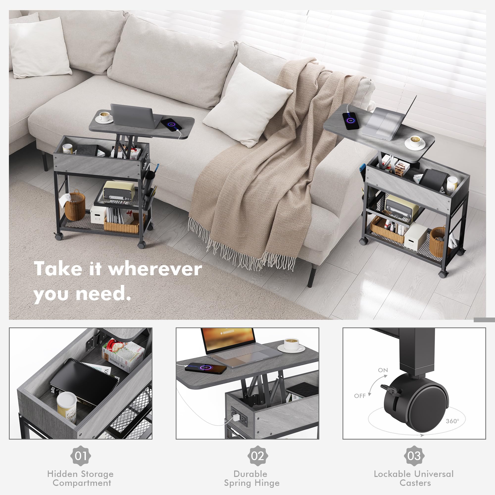 Colima Lift Top End Table with Charging Station and Wheels, Sofa Side