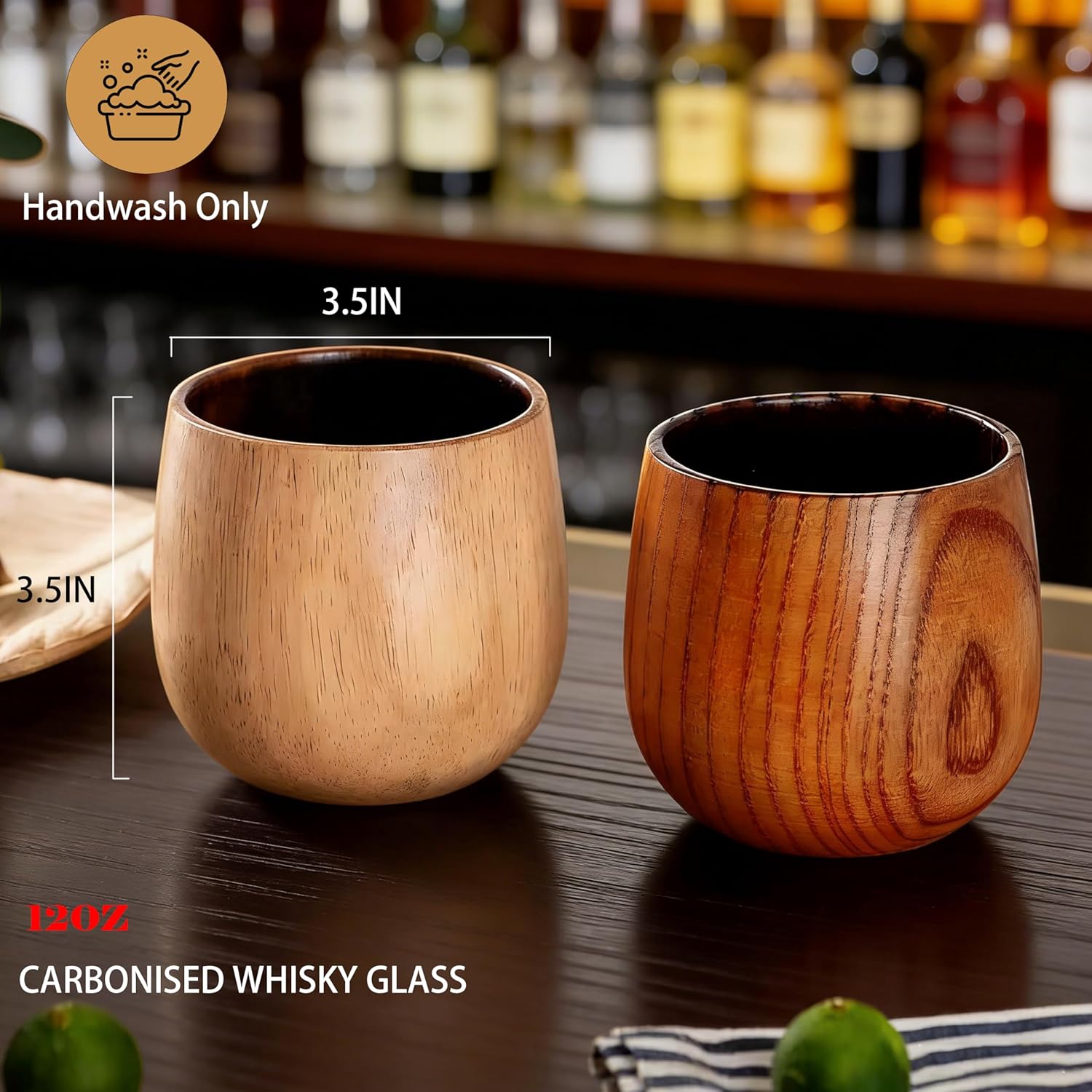 Charred Wooden Whiskey Glass Set – 2-Pack 12oz Handcrafted Bourbon Glasses with 4 Stainless Steel Chilling Cubes – Unique Whiskey Gifts for Men, Dad, Husband, Brother（Refous）