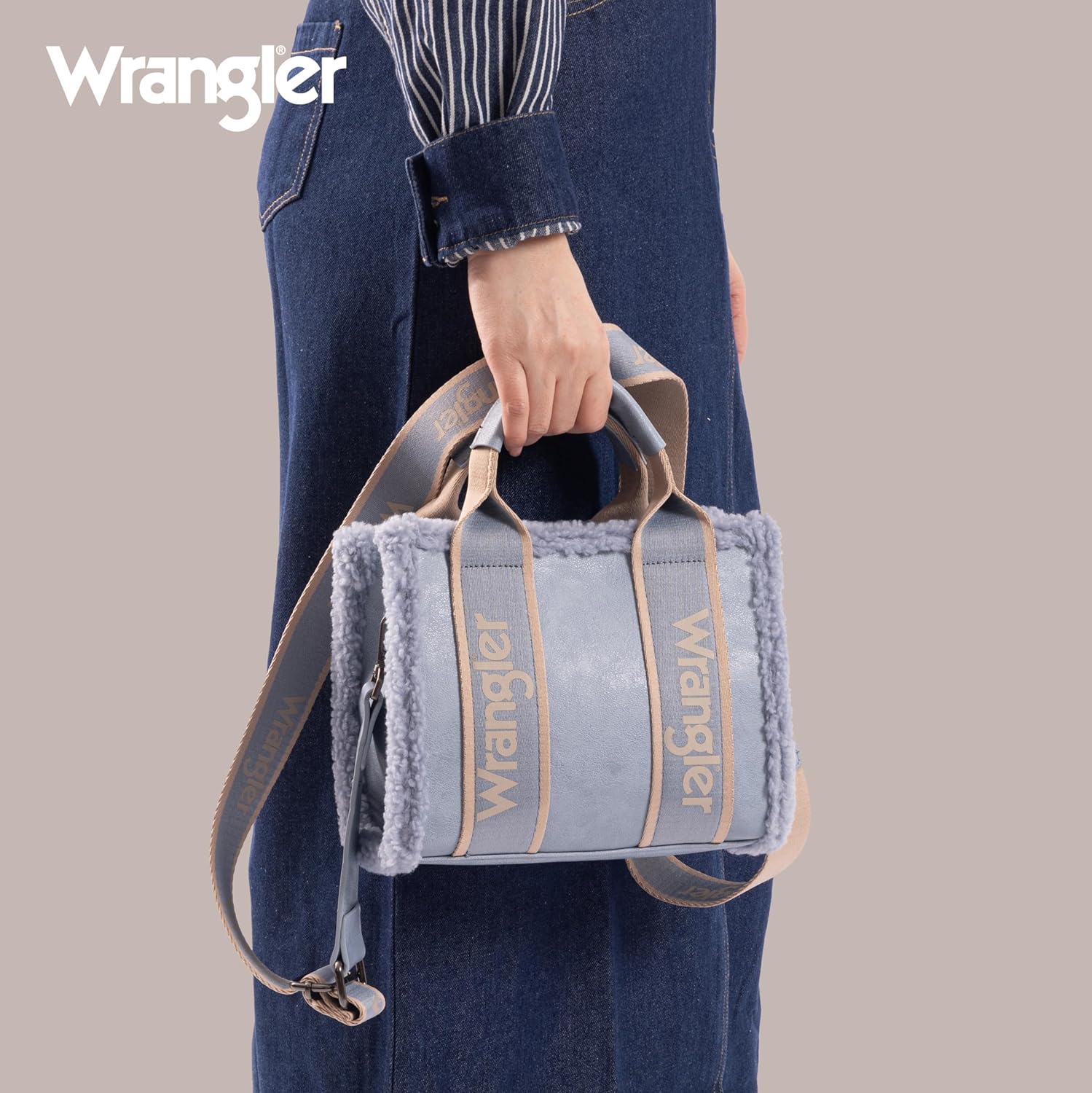 Wrangler Tote Bag for Women Fluffy Sherpa Top-Handle handbags Lamb Wool Shoulder Bag with Crossbody Strap Winter Bag AR-WG181-8120SJN