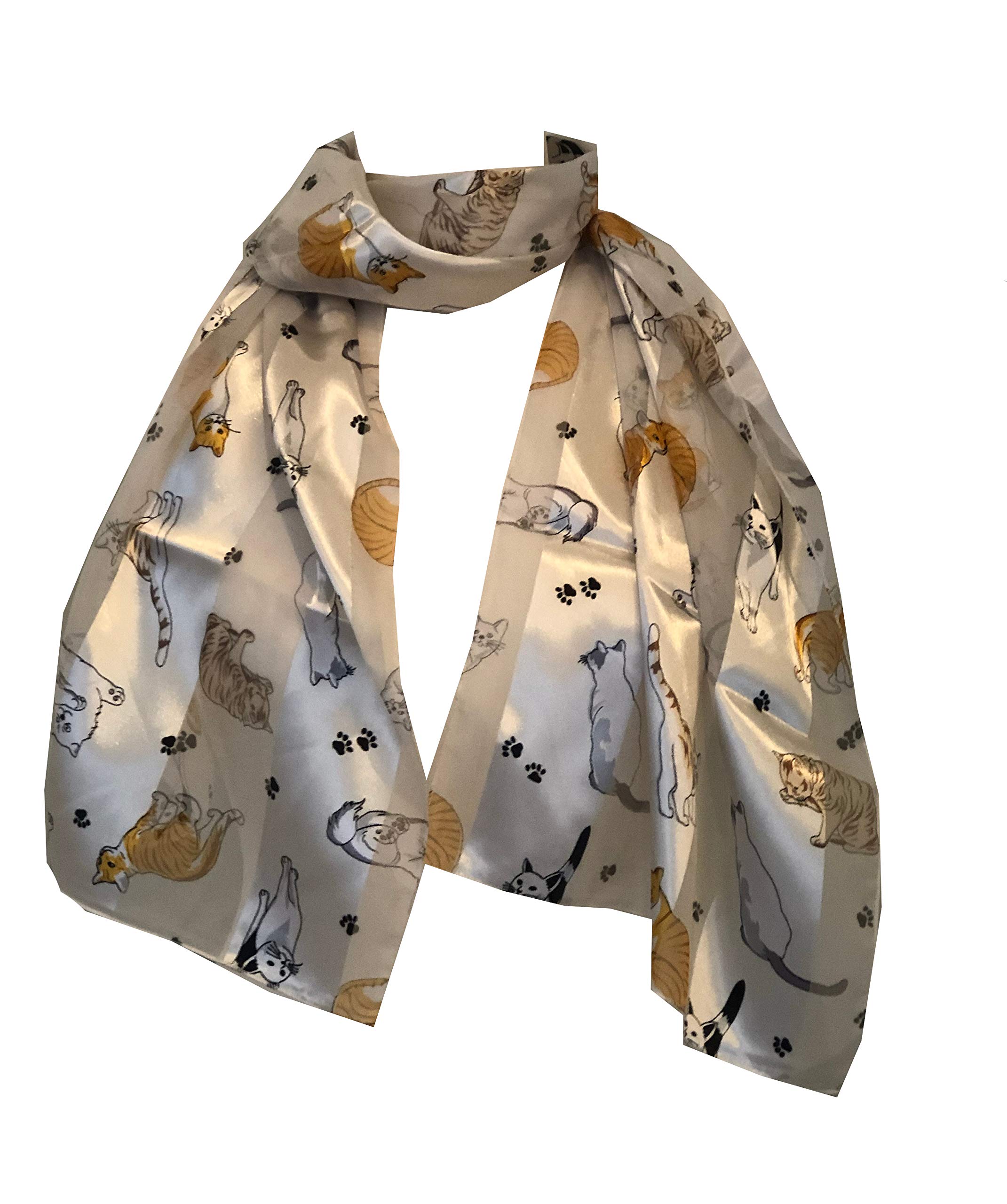 Pamper Yourself Now Women's Cream Shiny Cat Scarf With Multi-Coloured Cats Thin Scarf.