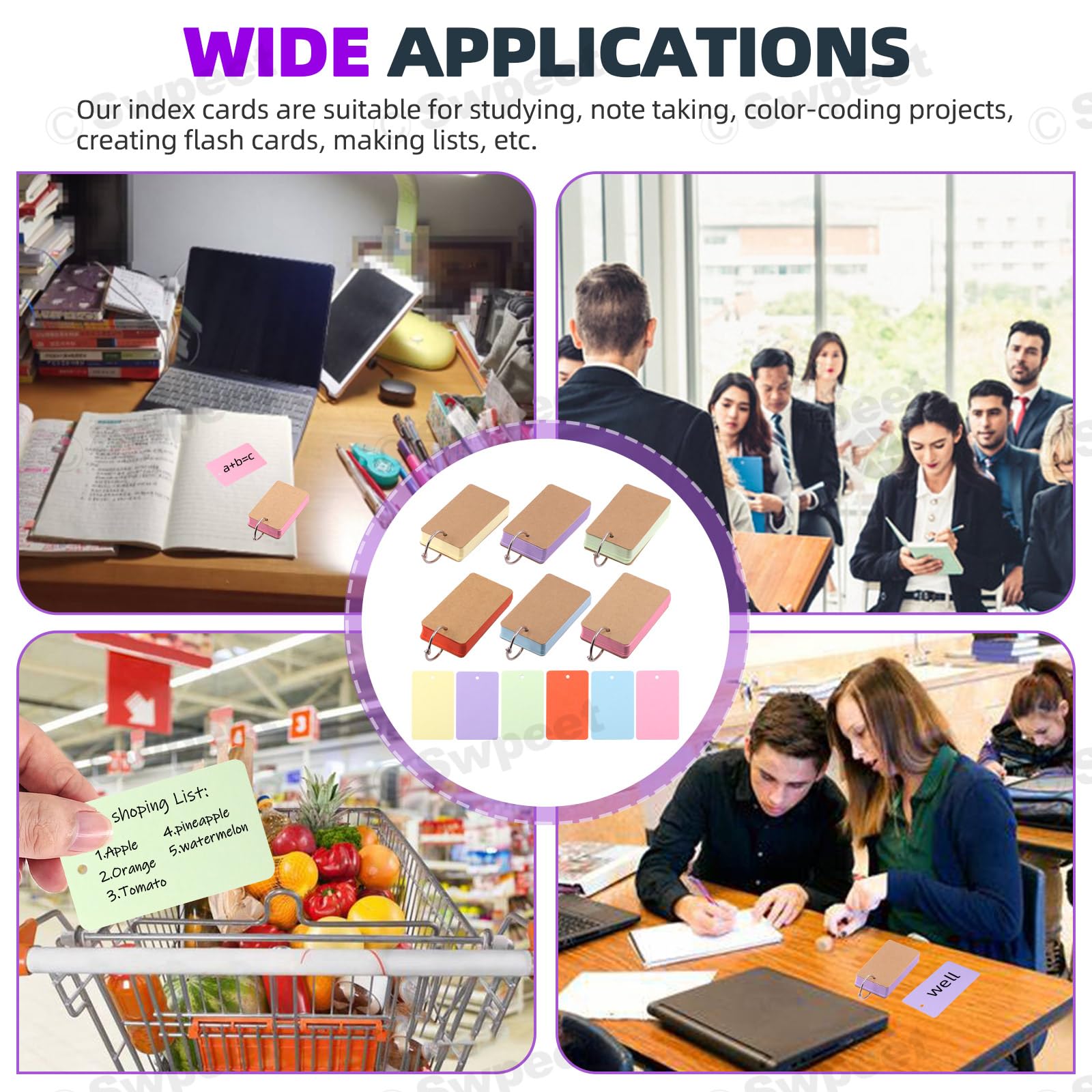 Swpeet 300 fogli schede colorate con anelli rilegatura 5,3 x 8,9 cm 6 colori flash card scuola apprendimento memoria