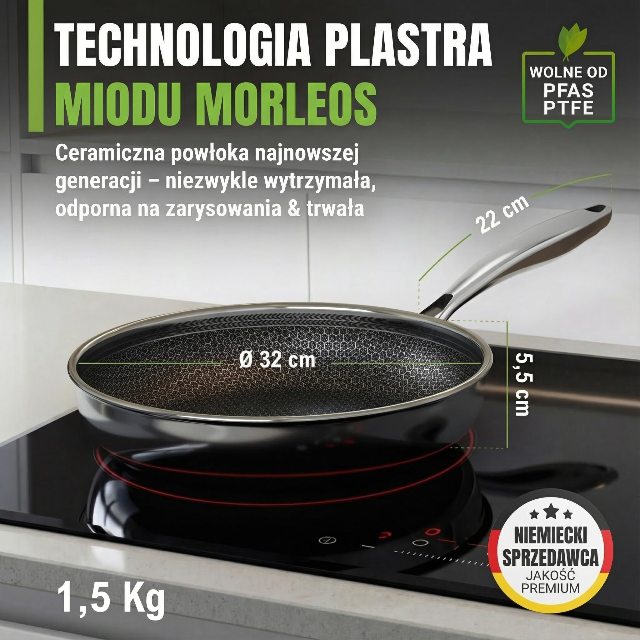 Patelnia o średnicy 32 cm, ceramiczna powłoka odporna na zarysowania | 5 warstw - 3 mm - 1,67 kg | indukcyjna, nie zawiera PFAS i PTFE | można używać w piekarniku w temperaturze do 250°C