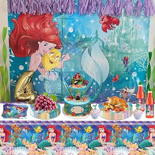 Miniatura 5 de Ariel - Suministros para fiesta de cumpleaños, 20 platos, 20 servilletas y 1 mantel para decoración de fiesta de sirenita para niñas