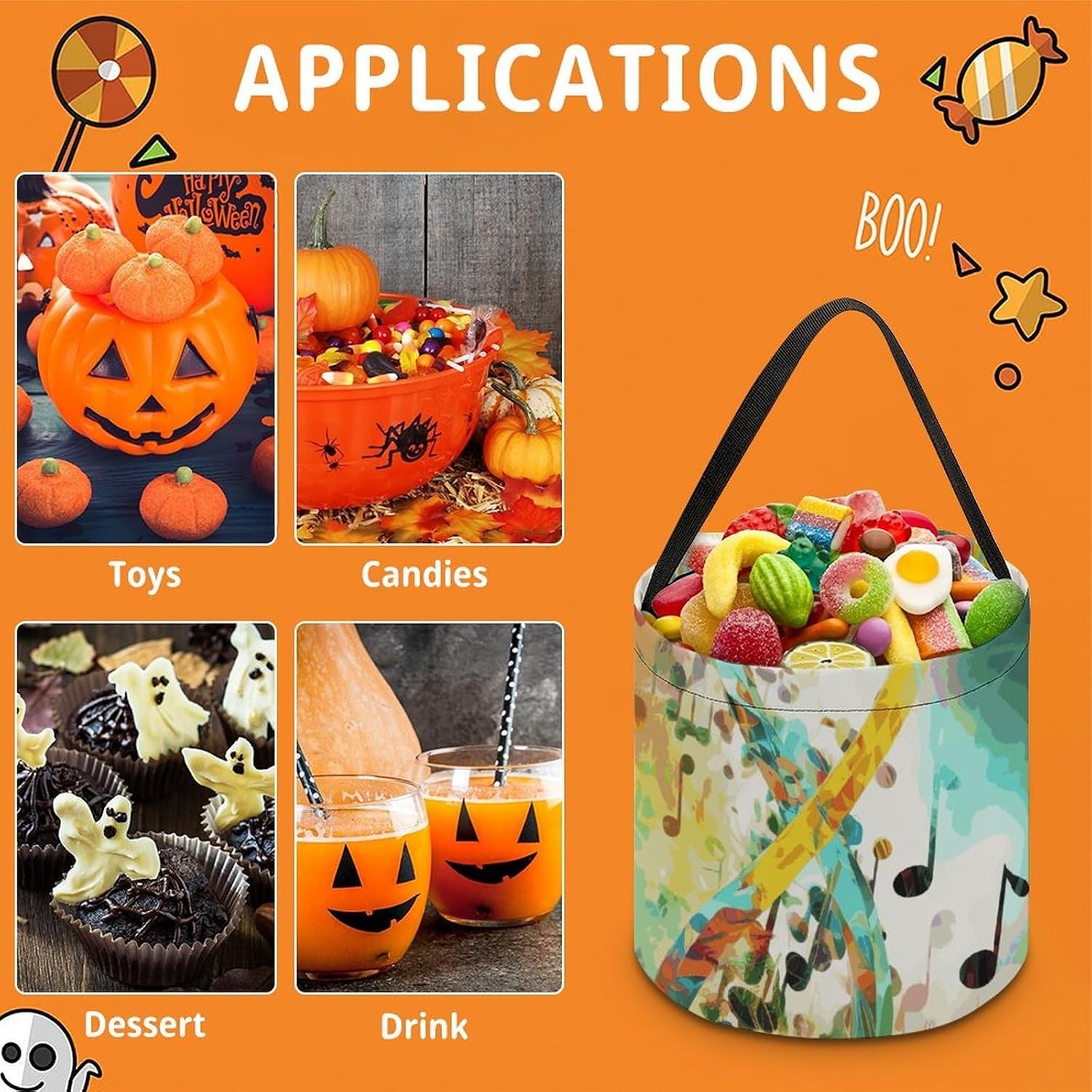Reusable Halloween Music Symbol Candy Bucket with Handle image 3