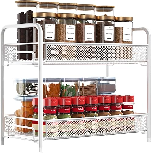 Miniatura 8 de Organizador de especias para encimera, paquete de 2, 2 niveles, plegable, de metal, grande, estante de almacenamiento de condimentos para gabinete