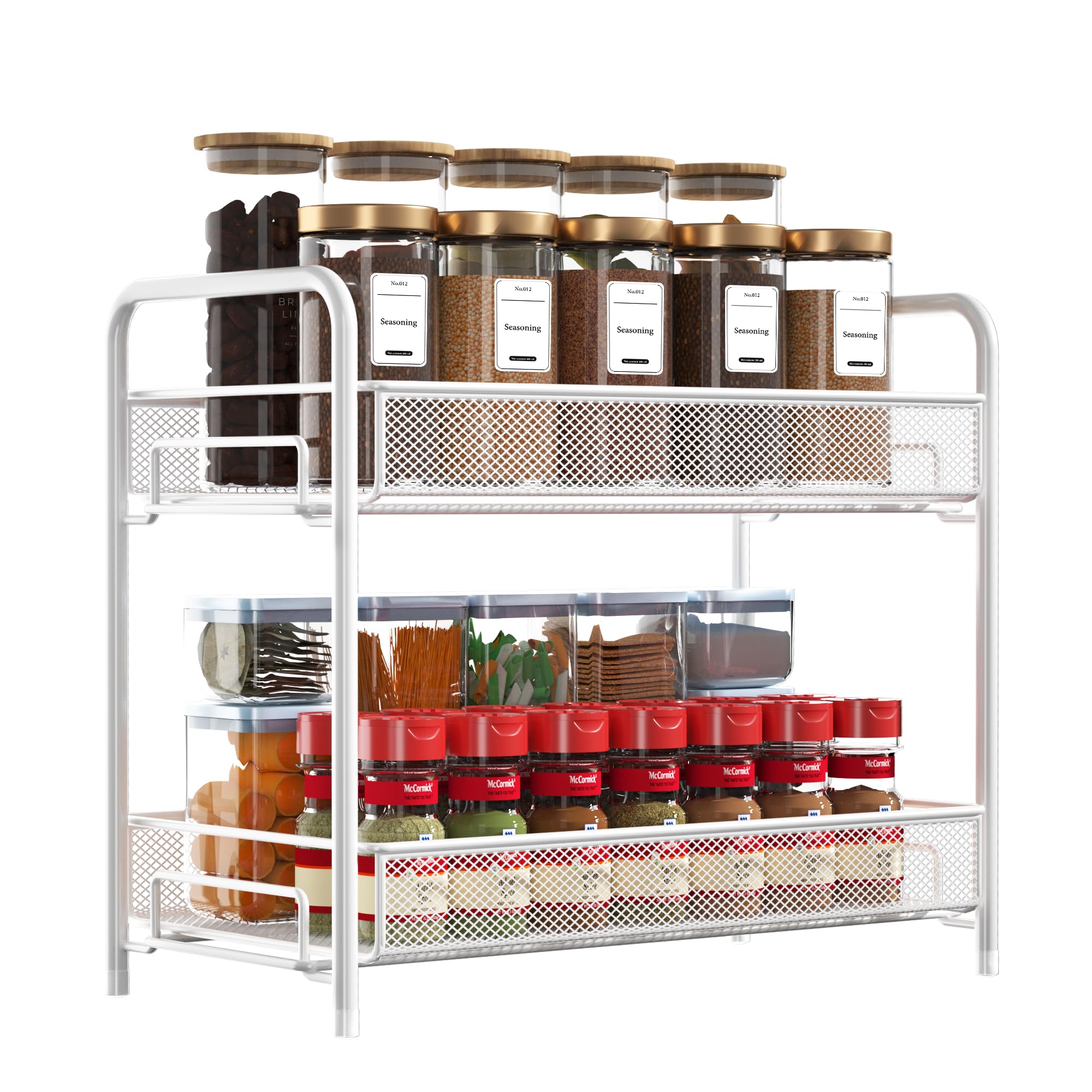 spice rack organizer for countertop,xpatee 2-tier foldable metal rust-proof standing large seasoning storage shelf with guardrail and mesh design for kitchen cabinet bathroom living room pantry, white