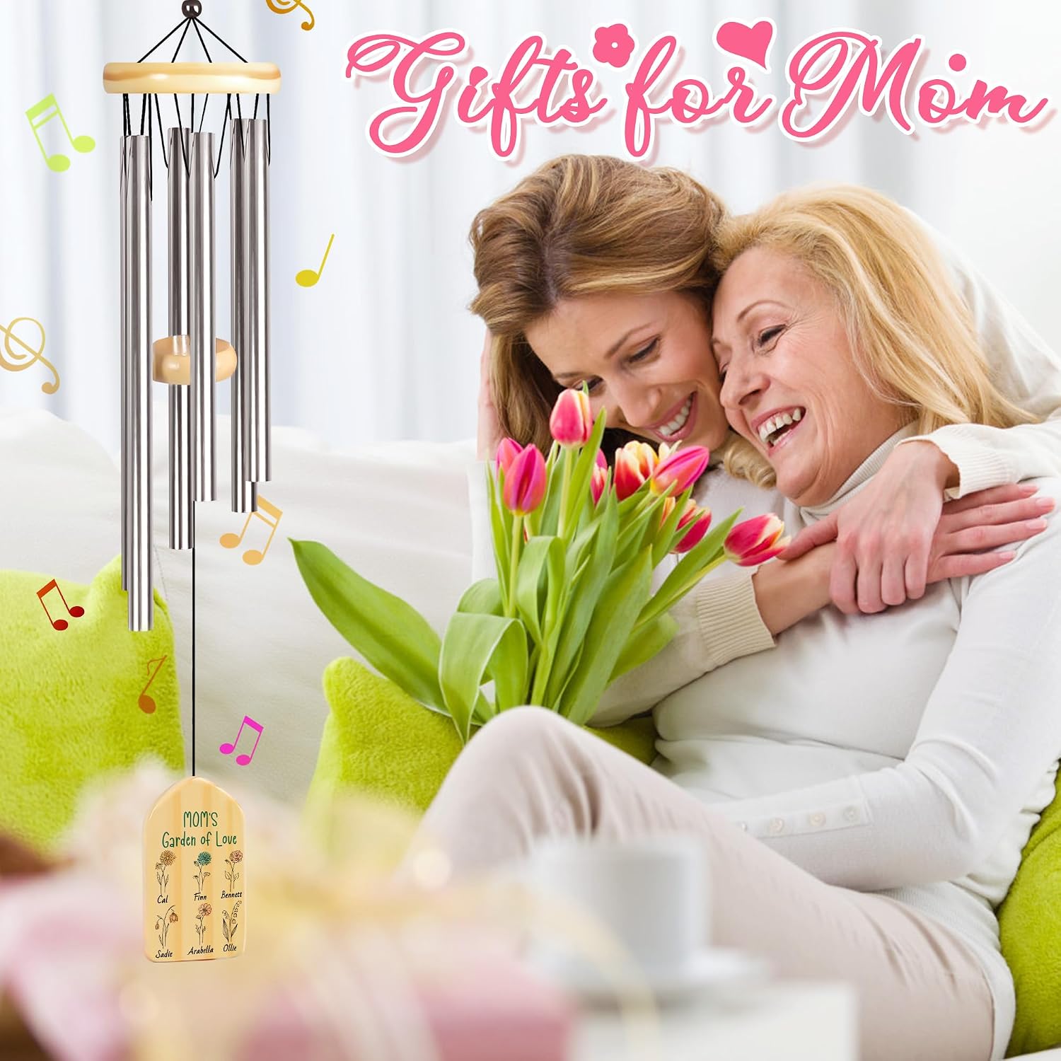 Mothers Day Wind Chimes - Personalized Gift for Mom, Birth Flower Gifts for Mum, Garden of Love
