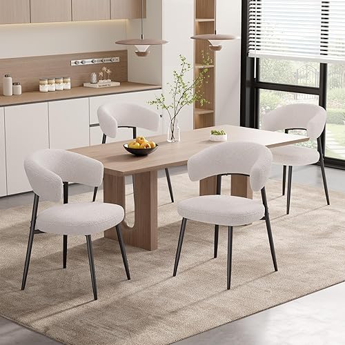 Miniatura 8 de Juego de 2 sillas de comedor, sillas de cocina modernas de mediados de siglo, silla de comedor tapizada Boucle con respaldo curvado y patas de metal
