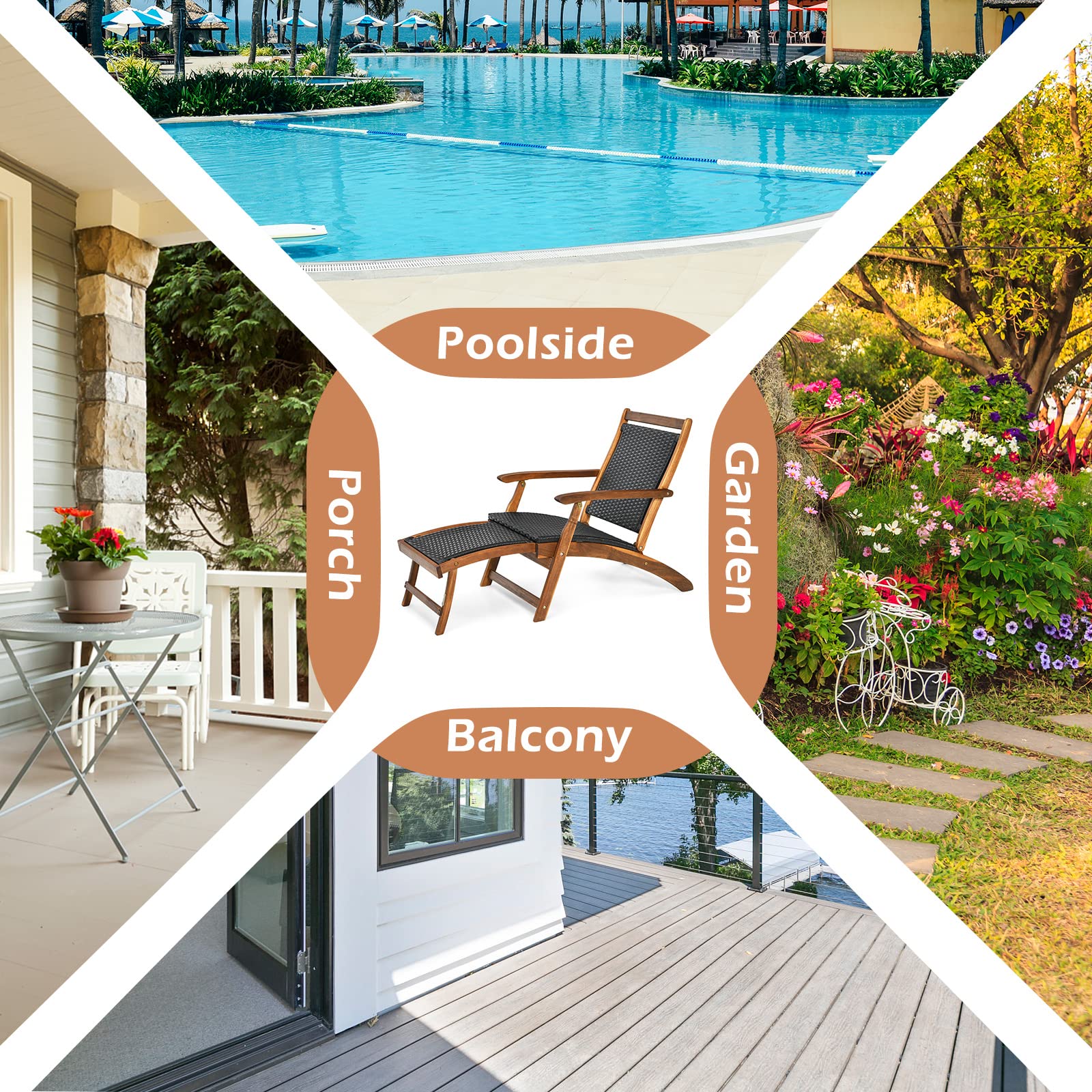 LIFEZEAL Tumbona Plegable de Ratán PE Convertible con Reposapiés Retráctil | Sillón de Jardín con Marco de Madera de Acacia, Respaldo y Reposabrazos para Terraza, Patio y Piscina