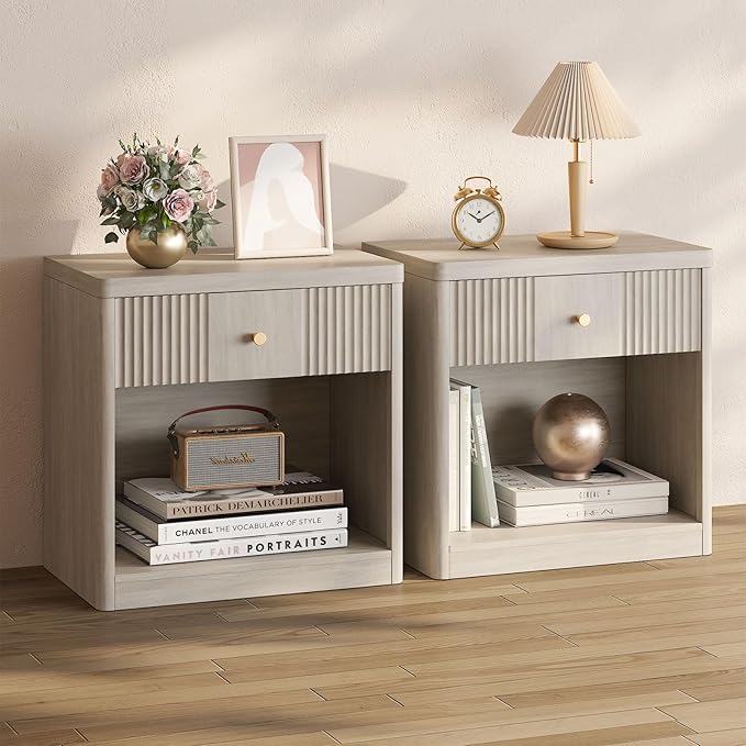 Night Stand Set of 2 Nightstands with Drawer, Large Modern Fluted Bedside Table Bed Side Table End Table with Storage for Bedroom, Living Room, Sofa, Office,White Alder