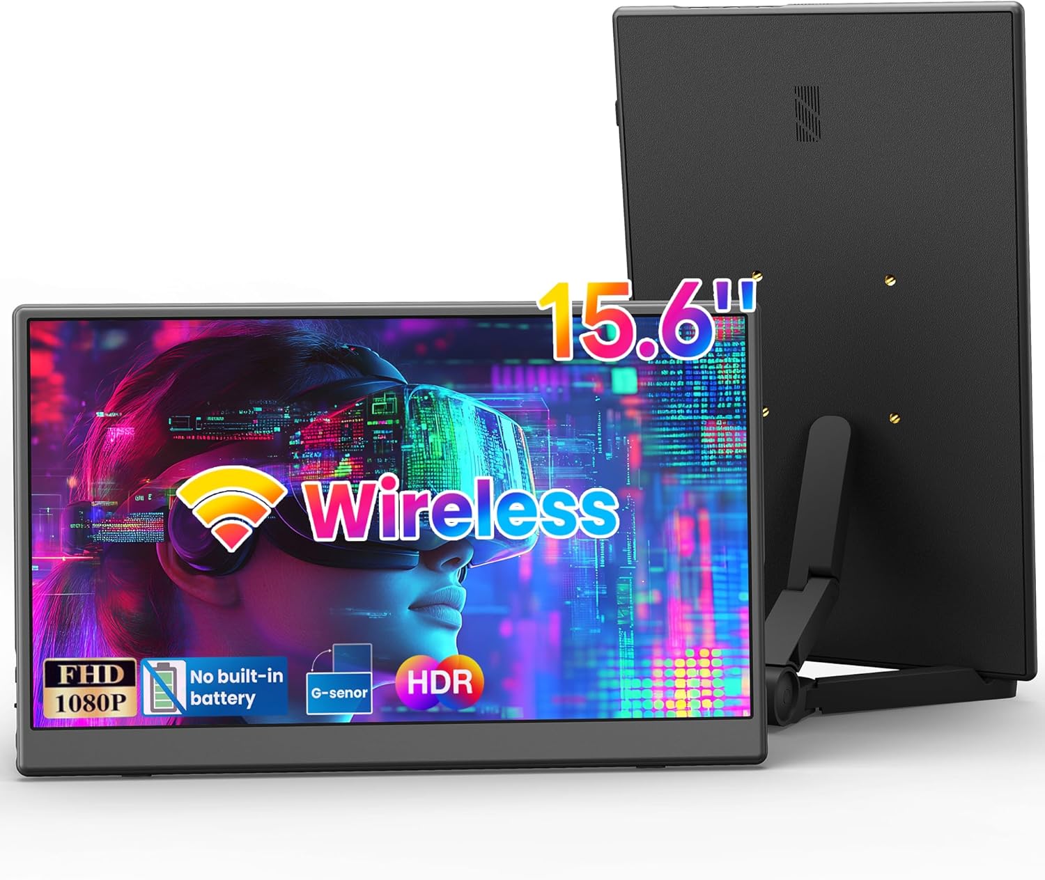 15,6-Zoll tragbarer Monitor kabelgebunden/kabellos FHD 1080P IPS Display, integrierter G-Sensor &amp; Auto-Rotation, USB-C &amp; HDMI, VESA 75x75 PU-Tasche zweiter Bildschirm für Laptops/Smartphones/Switch