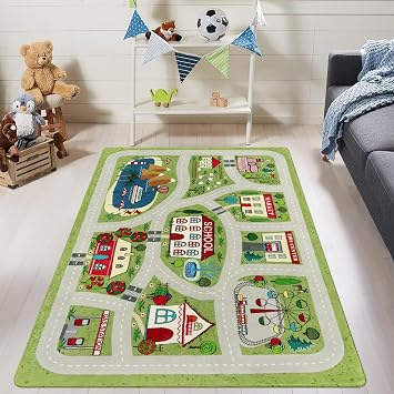 LIVEBOX Green Kids Rug for Kids Room, 3x5 Washable Road Rug for Playroom, Non-Slip Soft Toy Car Rugs for Nursery Room, Small City Traffic Playmat for Boys Girls Dorm Bedroom Tent