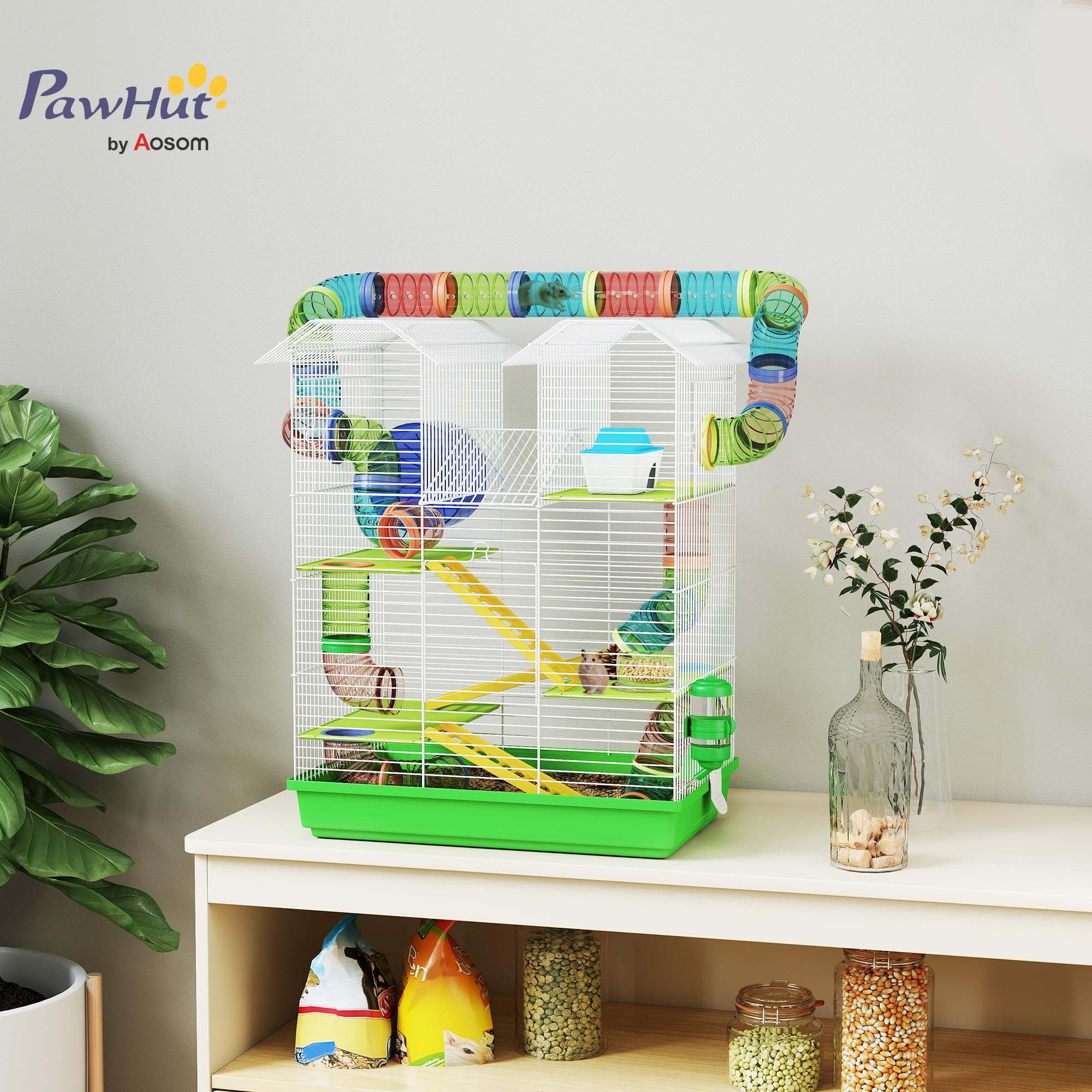 PawHut Cage pour Hamster Souris Petit Animaux Rongeur avec Tunnel Mangeoire Roue Jouet 47 x 30 x 59 cm Vert