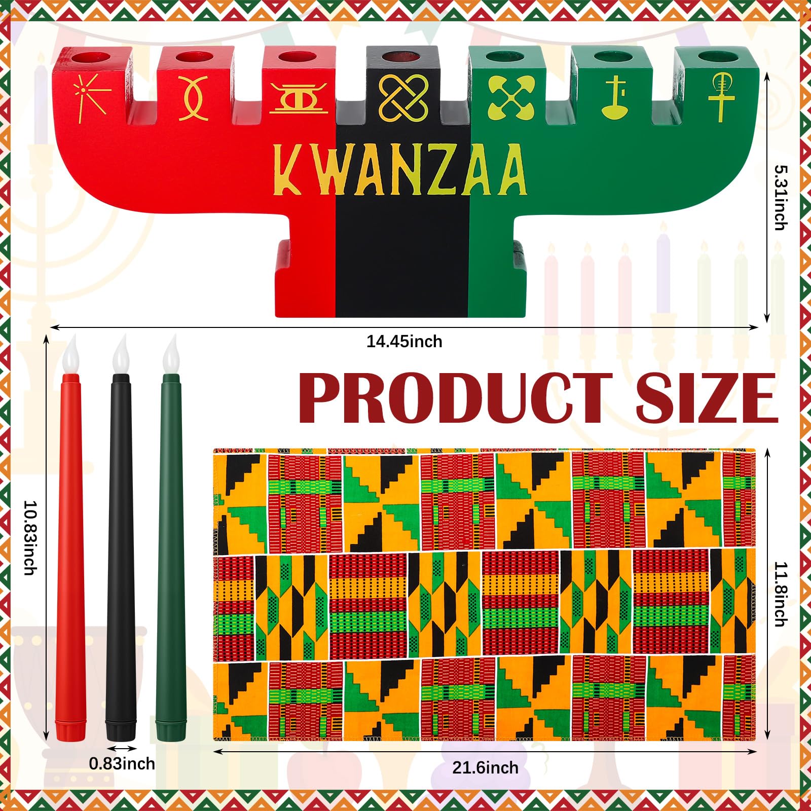 Thyle Kwanzaa Kinara-Set, 7 LED-Kerzen, Poster, Bambus-Tischmatte, Kerzenhalter, Weinkelch, Kente-Tuch, künstlicher Obst- und Gemüsekorb, Tischläufer, afrikanische Dekoration für Kwanzaa, 22 Stück