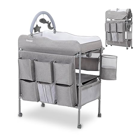 Baby Changing Table, Versatile Portable Folding Changing Table, Waterproof Diaper Changing Station with Waste Basket, Adjustable Height with 2 Drawers, Baby Changing Station for Infant and Newborn