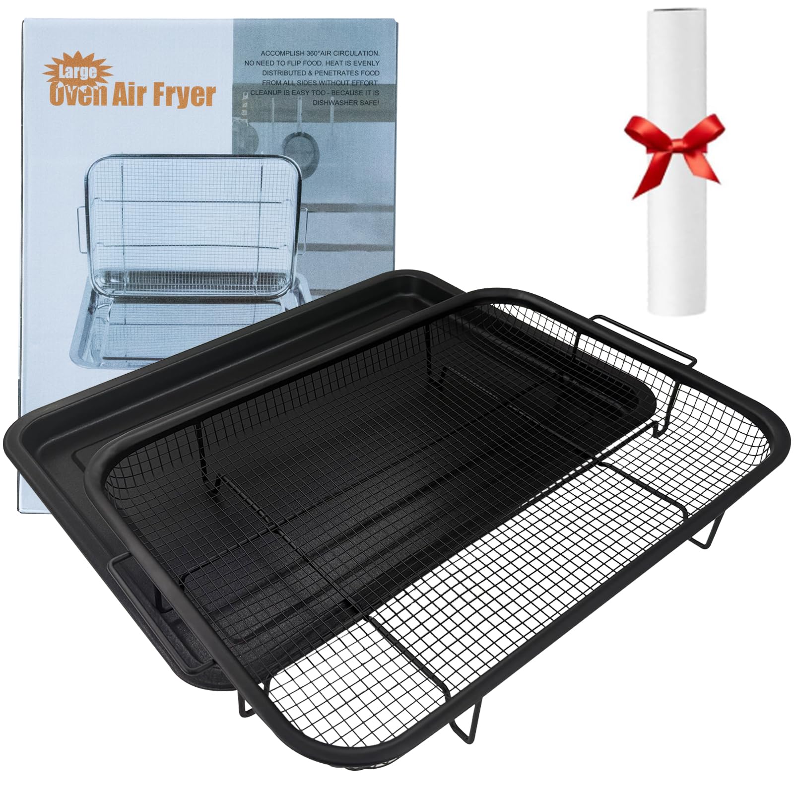 Air Fryer Basket for Oven, Extra Large 18.8" x 12.8" Stainless Steel Tray Set, Black Crisper Pan with 50 Pcs Parchment Papers for Healthy Cooking, Baking &amp; Broiling