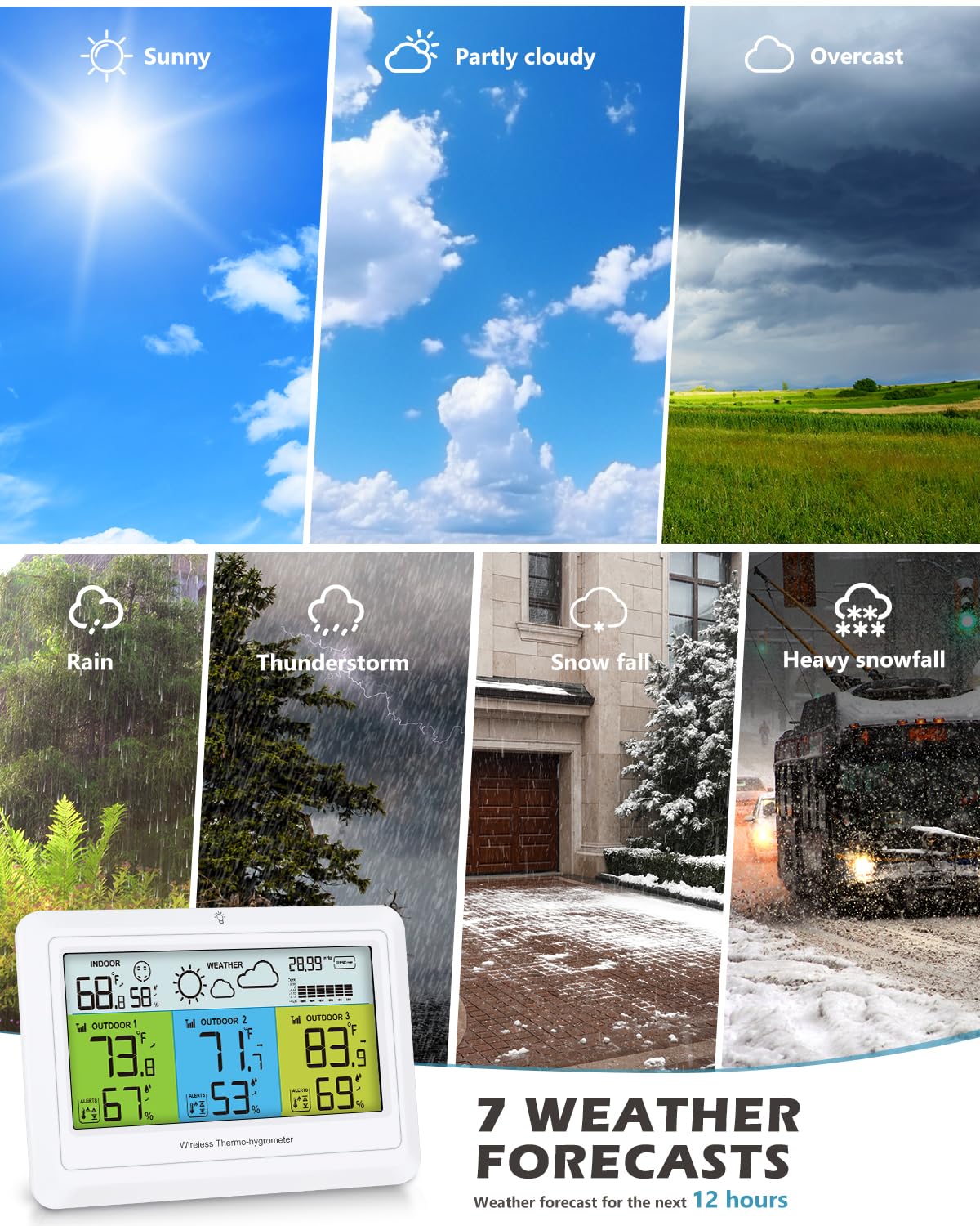 Estación meteorológica inalámbrica para interiores y exteriores con 3 sensores, estaciones meteorológicas para el hogar, termómetro digital, humedad para el hogar con alerta, presión