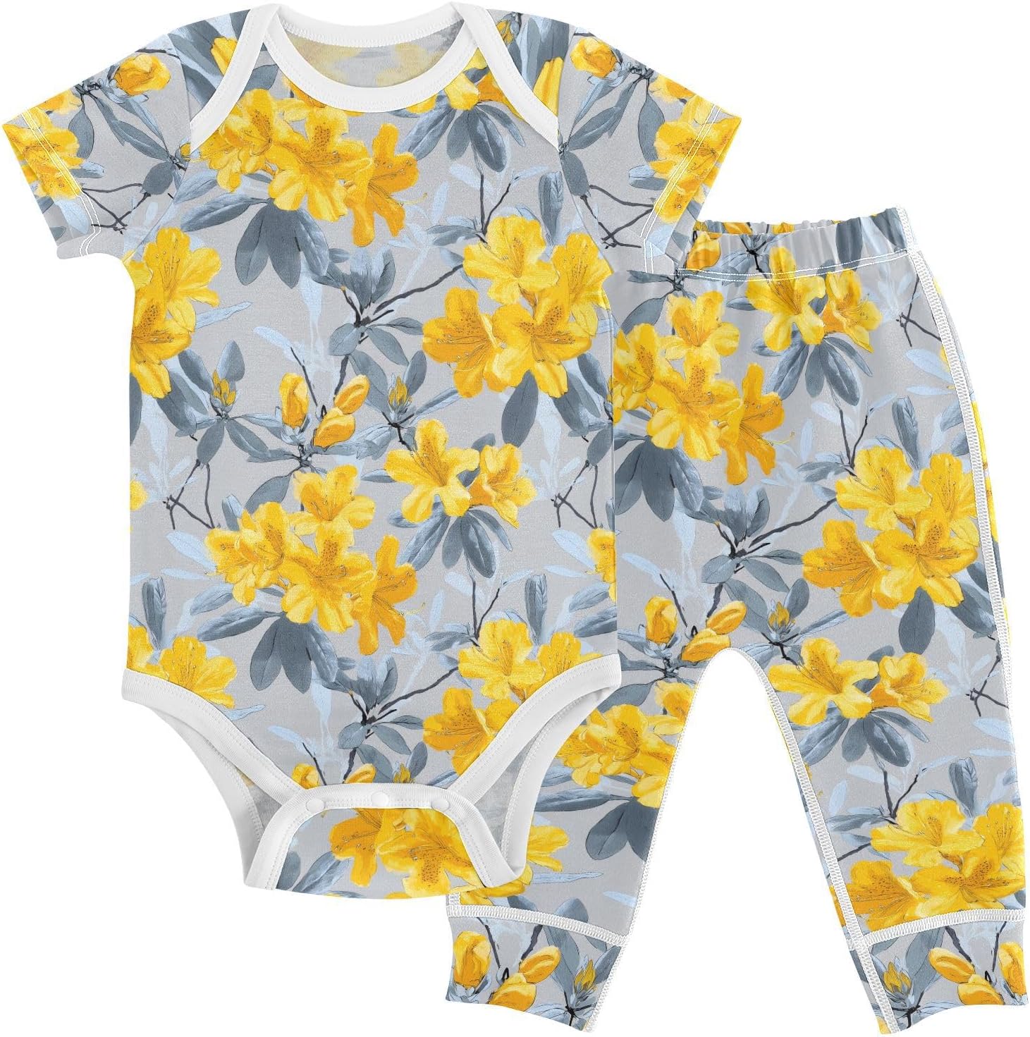 vvfelixl Baby Clothes Yellow Azalea Blossom Baby Bodysuits Set Unisex Short Sleeve Babys Pants Sets 0-3M