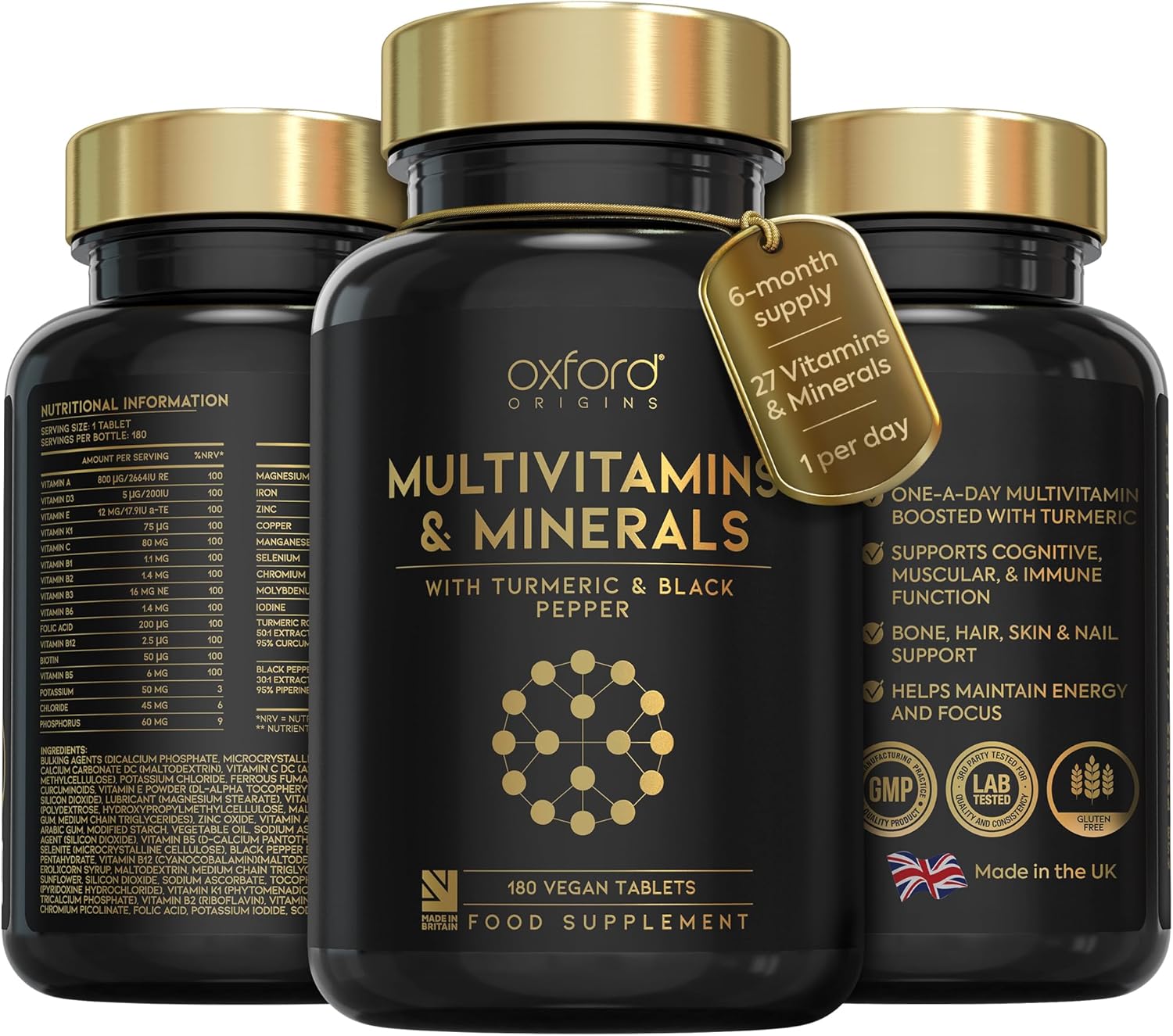Award Winning A-Z Multivitamins and Minerals Boosted with Turmeric | Made in The UK | Vegan Multivitamin Tablets for Women & Men | 100% NRV Multivitamin with 27 Key Nutrients | 180 Capsules