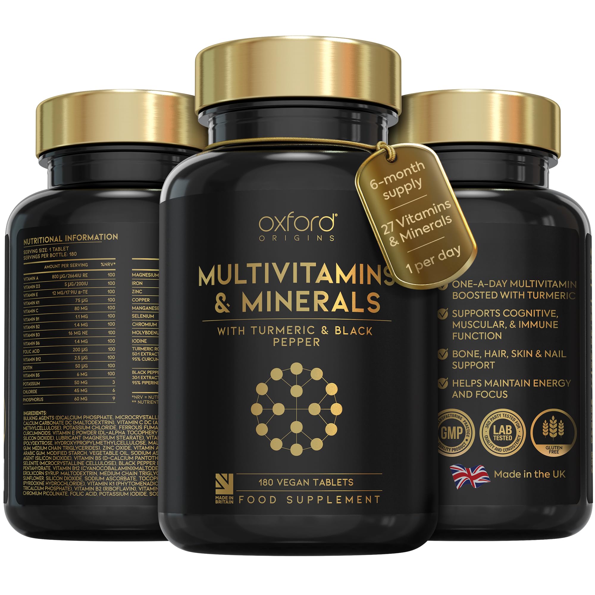Award Winning A-Z Multivitamins and Minerals Boosted with Turmeric | Made in The UK | Vegan Multivitamin Tablets for Women & Men | 100% NRV Multivitamin with 27 Key Nutrients | 180 Capsules