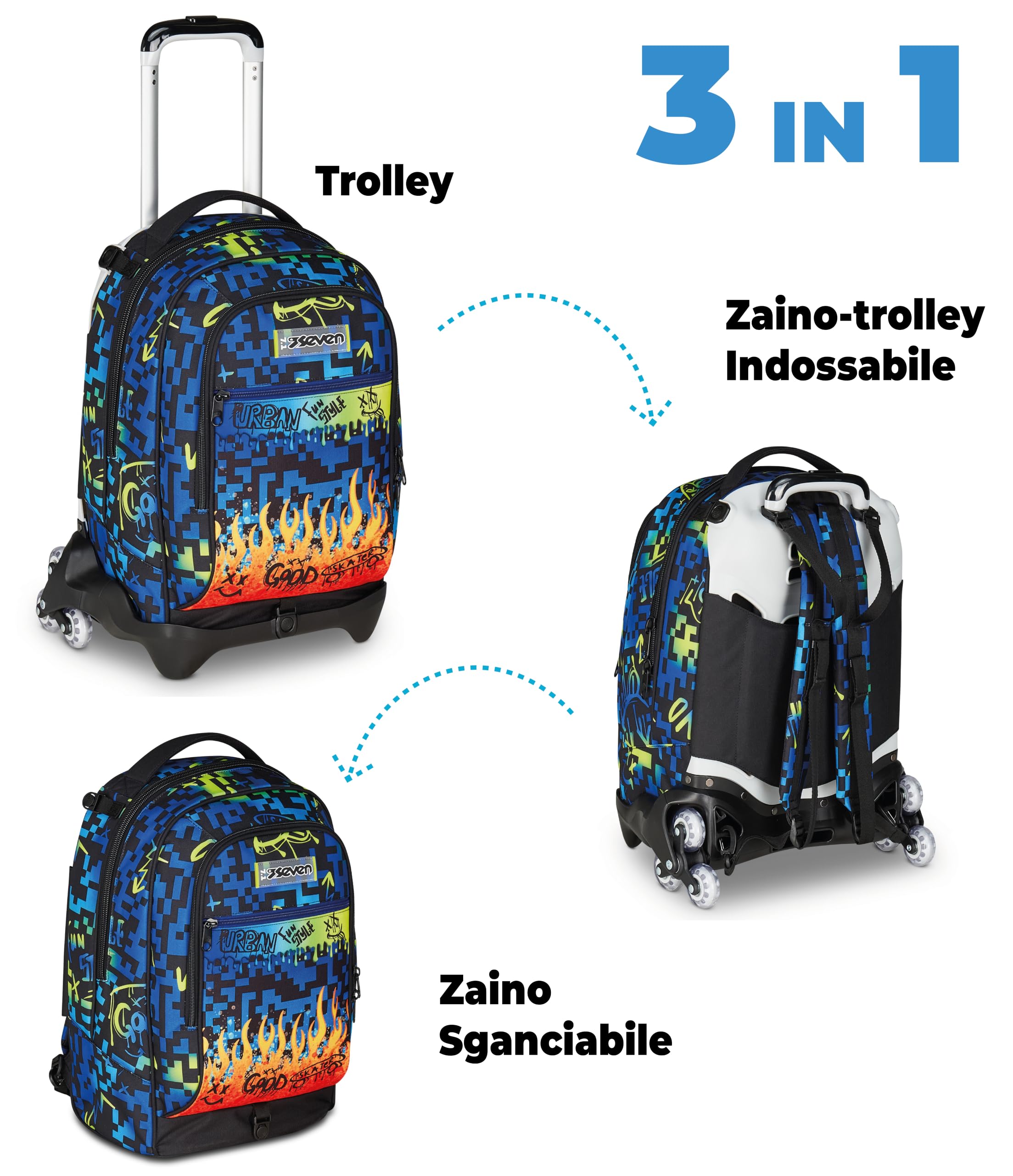 Seven Zaino Trolley Scuola Elementare Bambino 3 ruote, Zaino Sganciabile, Doppio Uso, Spallacci a Scomparsa, blu