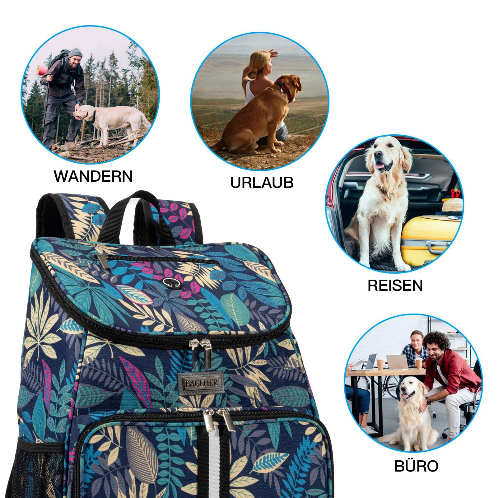 BAGLHER | Borsa da viaggio per cani, zaino per animali domestici approvato per voli aerei, zaino da viaggio per cani con 2 ciotole pieghevoli in silicone e 2 cestini per cibo