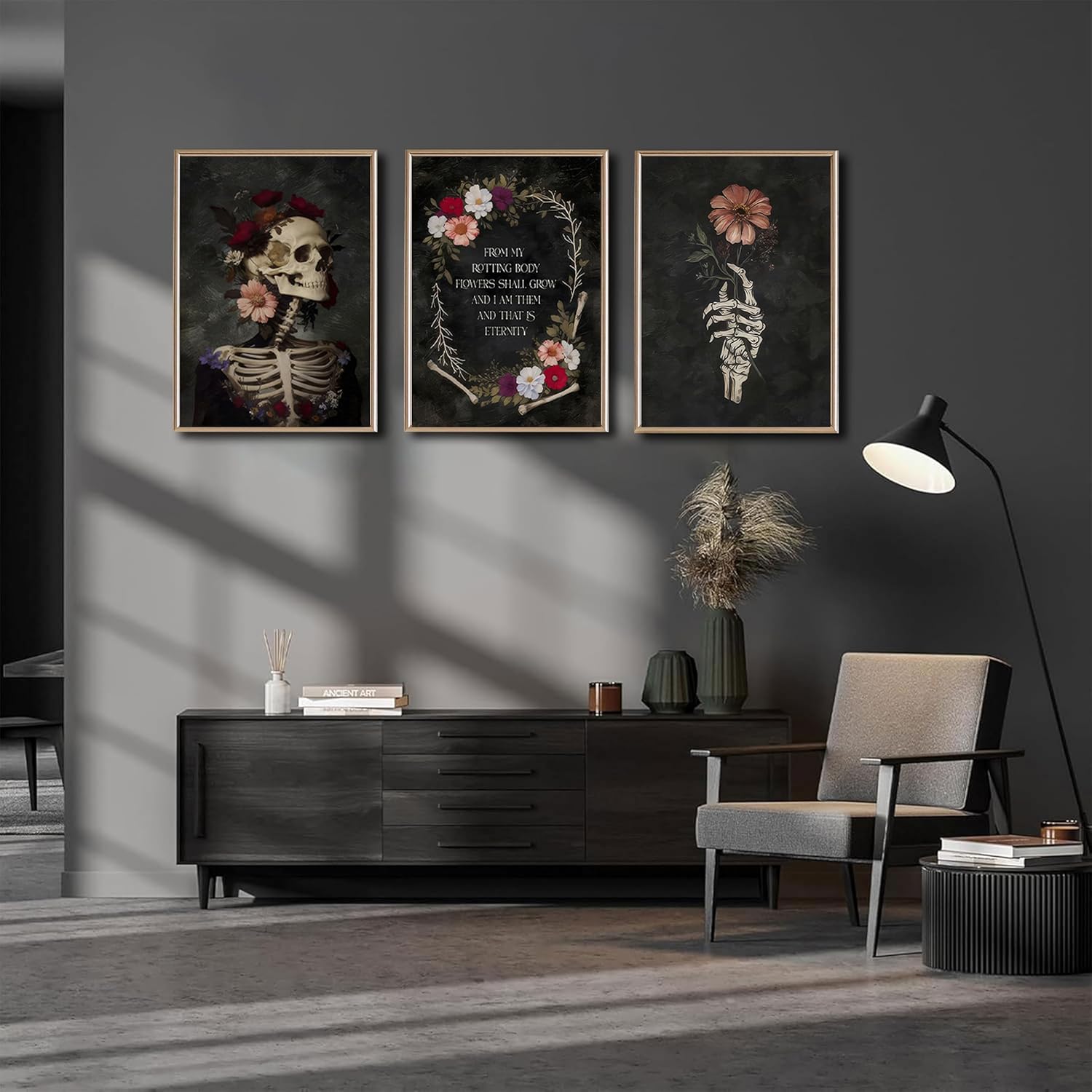 3Pcs Gothic Romantic Skull Canvas Wall Art Dark Academia Moody Flowers Wall Decor Pictures Halloween Room Aesthetic Posters Prints for Bedroom Gallery Home Decoration Unframed 16x24in