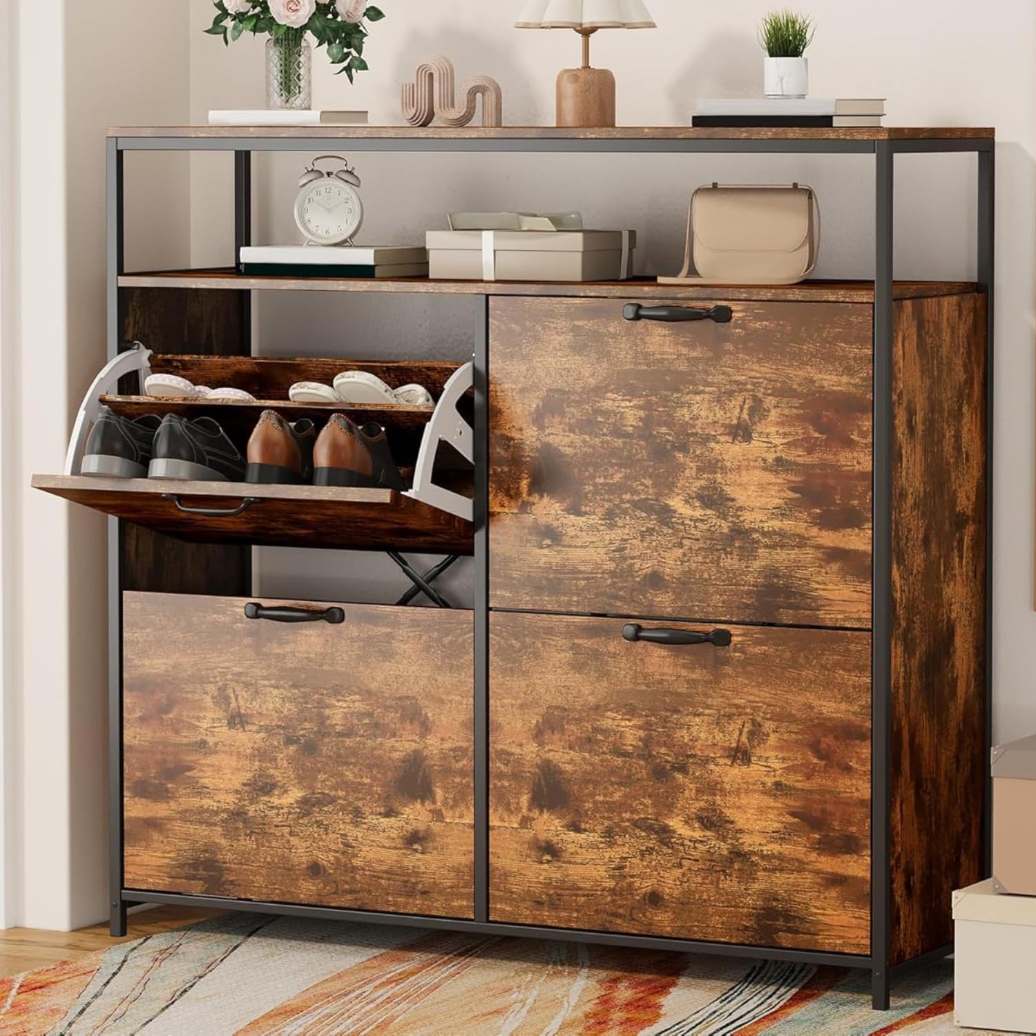 Zapatero con 4 Compartimentos y Estante Abierto, Mueble para 16-24 Pares, Diseño Industrial, Estrecho para Pasillo, Entrada y Salón,Retro | 4 cajones plegables y estantes ajustables, puede contener 12 a 18 pares, armario práctico para entrada y pasillo