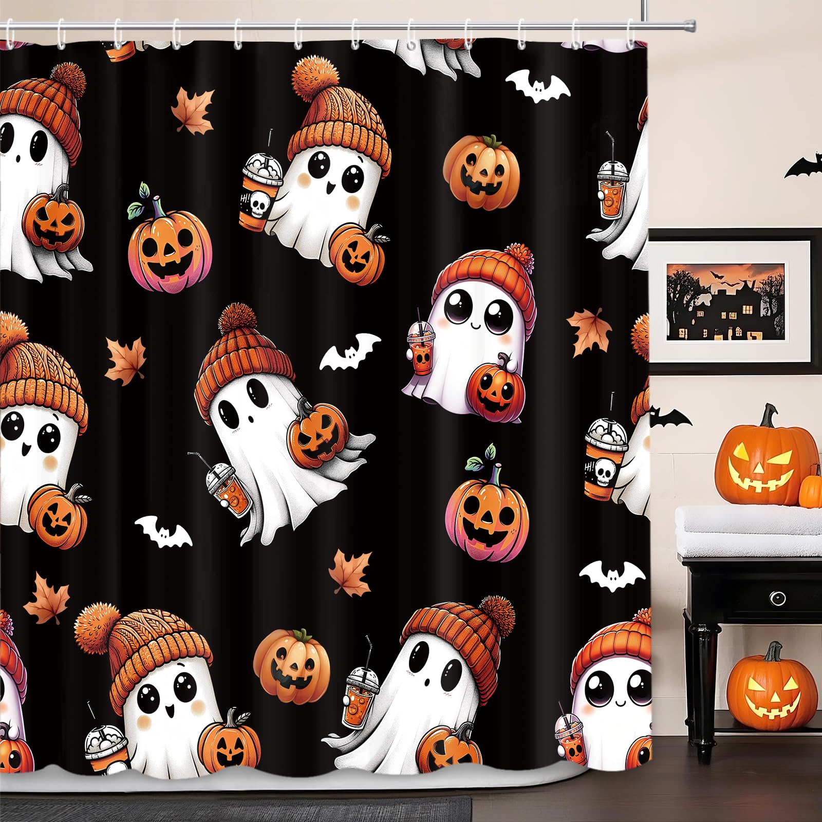 Rideau de douche Halloween en tissu imperméable durable avec motif citrouille et chauve-souris