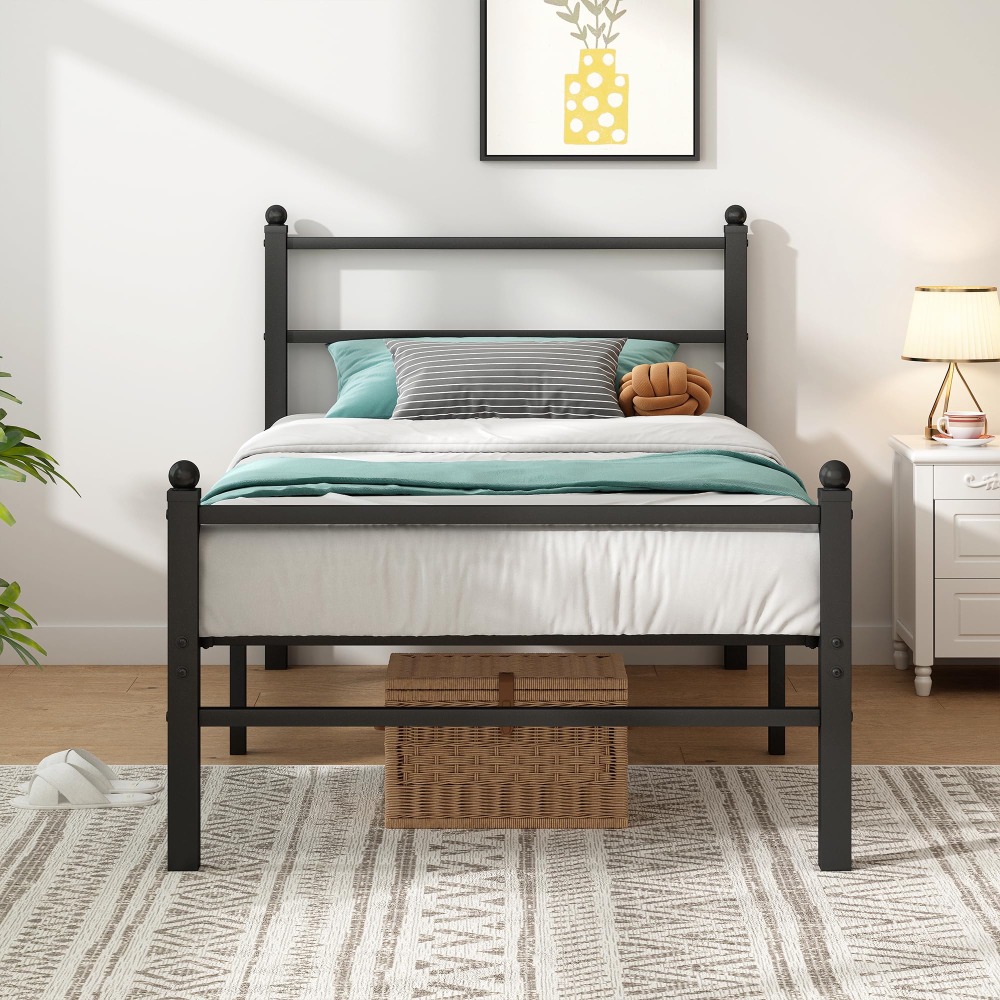 ((color white))Twin Bed Frames with Headboard and Footboard, 14 Inch Metal Platform Twin Size Bed Frame with Steel Slat Support, No Box Spring Needed, Noise Free, Easy Assembly, Black