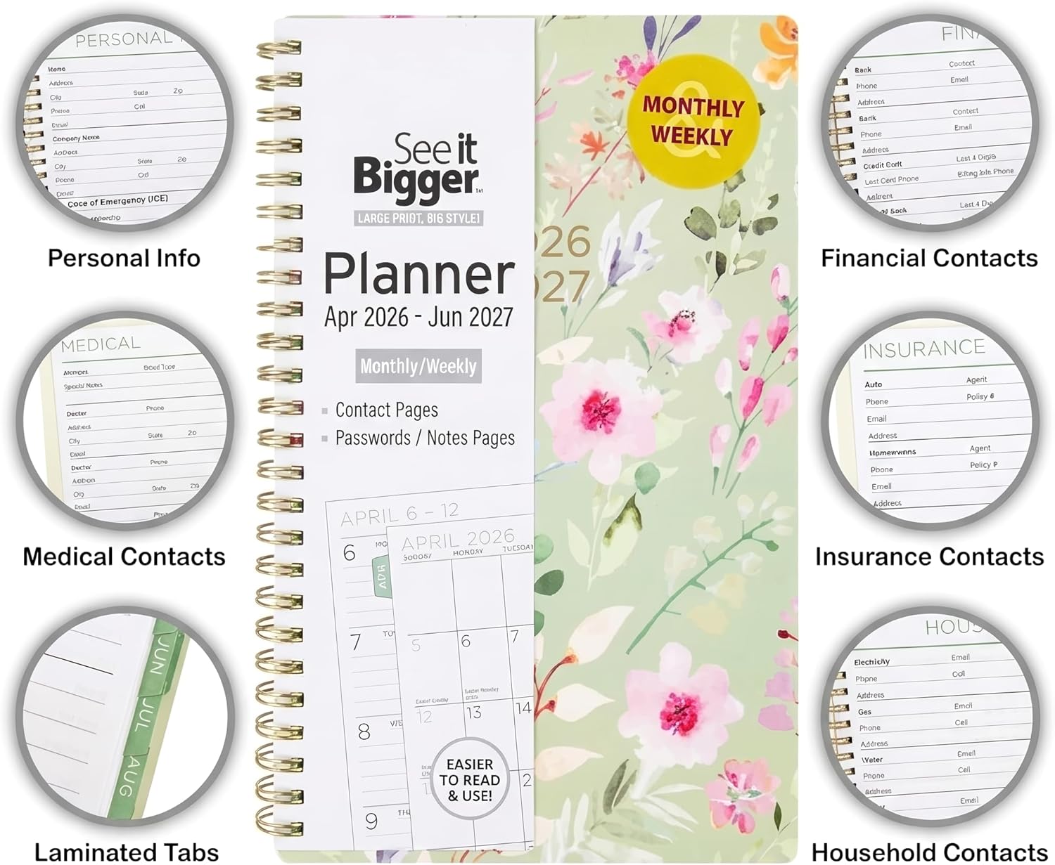 PlanAhead See IT Bigger Size 8. April 2026 – June 2027 8.75" x 5.5" x 0.5" Monthly/Weekly Medium Planner and Customizable Pen (Flowers)