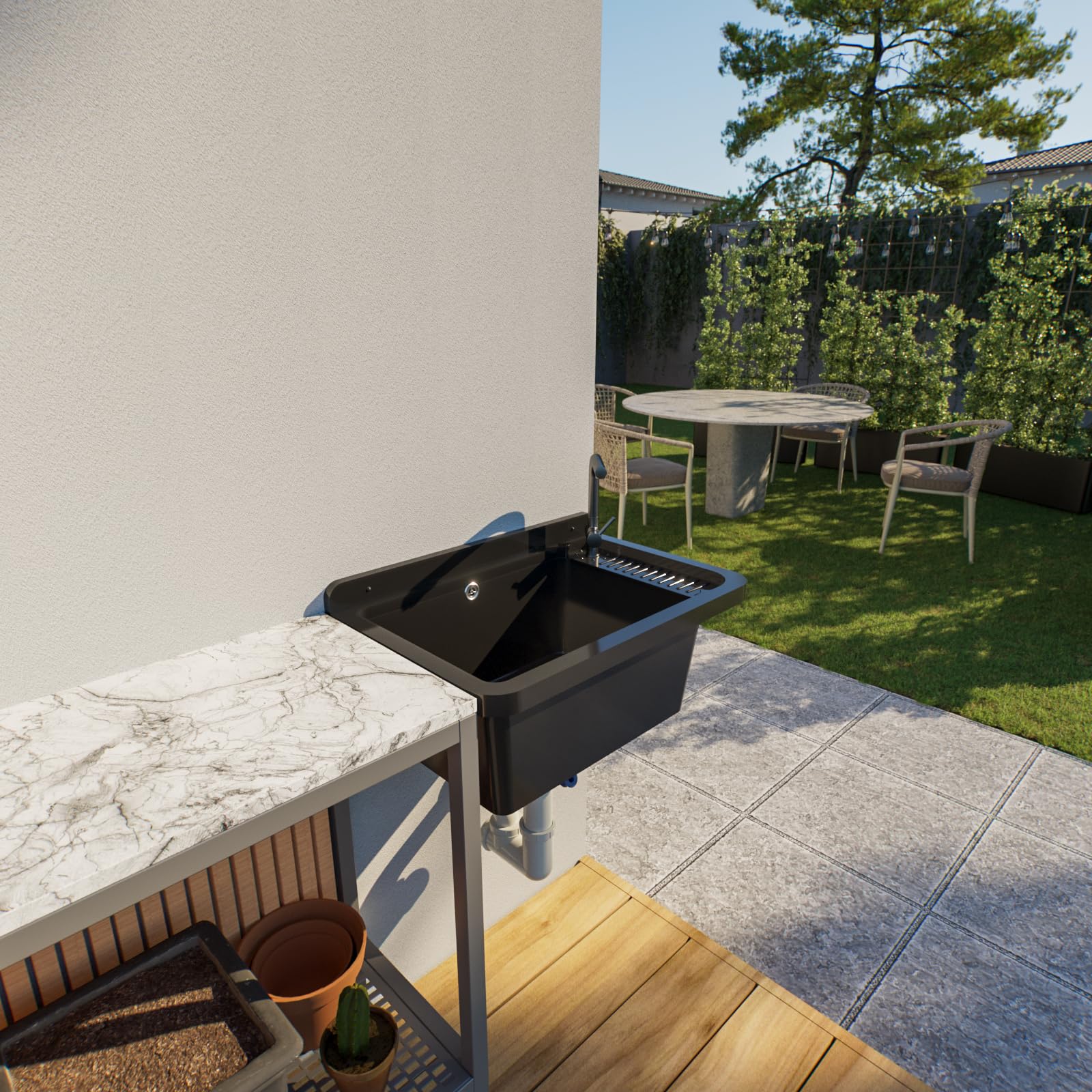 QLS Fregadero plástico 50,8x33,8 cm con sifón y kit negro | Para garaje, taller y lavadero. Resistente al calor, fácil de limpiar, interior/exterior, con kit de montaje