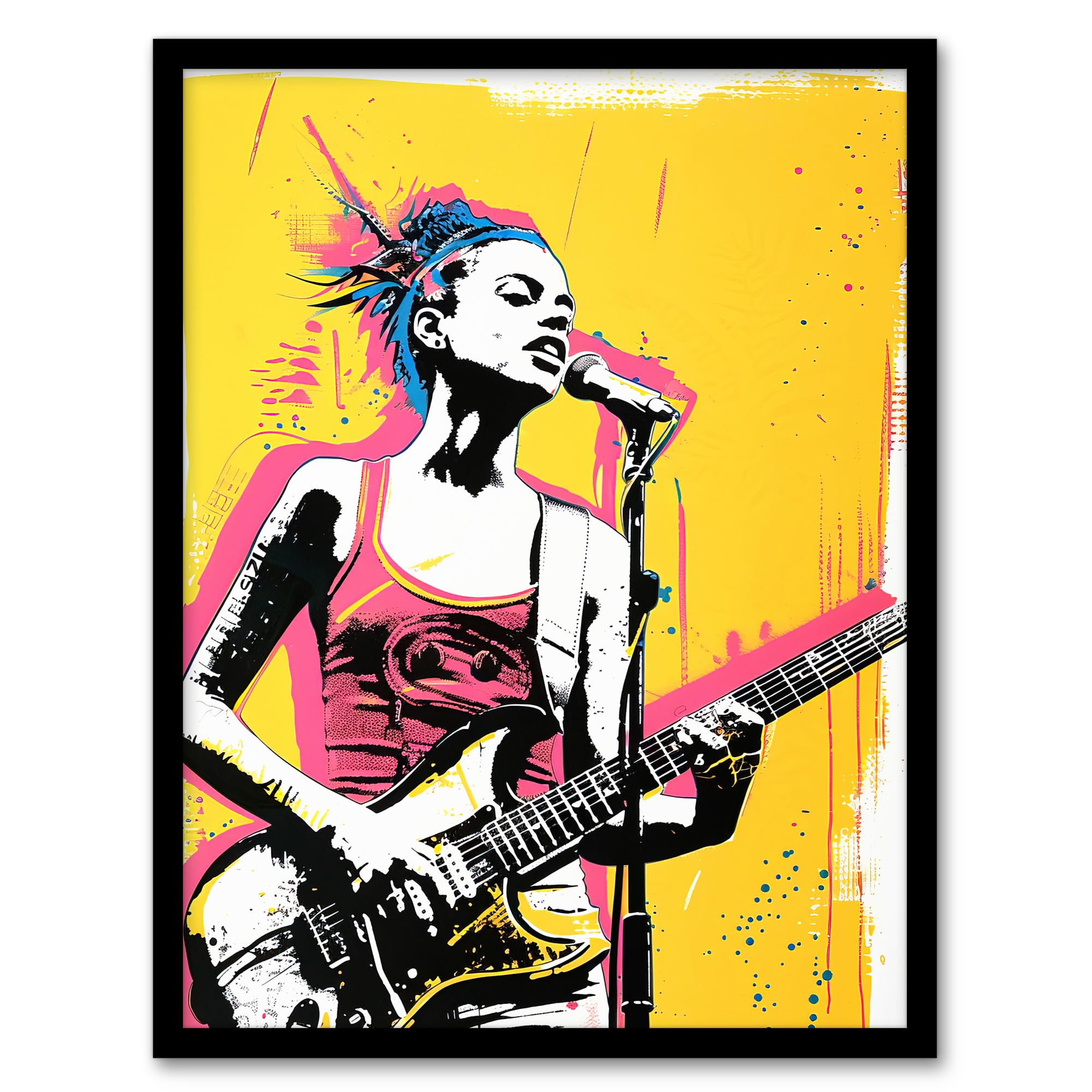Artery8 Female Punk Music Guitarist Portrait Yellow Pink Living Room Artwork Framed Wall Art Print A4