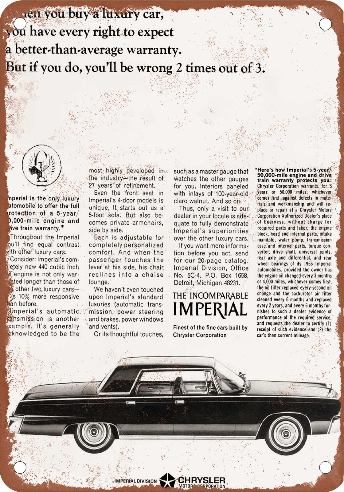 METAL SIGN - 1966 Imperial Vintage Ad 09 - Old Retro Rusty Look home decor
