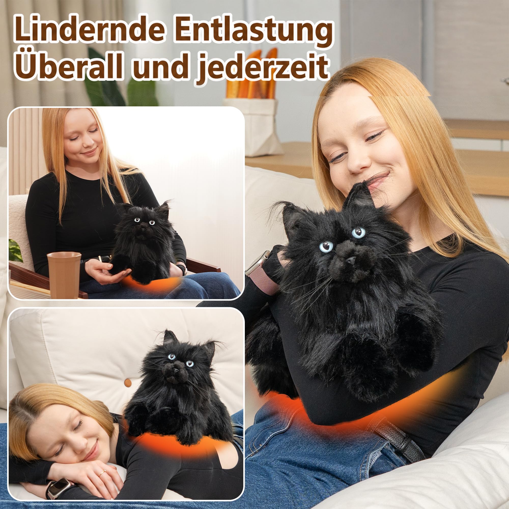 Chongker Heizbar & Kühlbar Gewichteter Plüschtier mit Mikrowellen-Wärmekissen, 1kg Gewichtetes Katzenplüschkatze Stofftier, Geruchsneutralem für Mädchen und Kinder (21 Zoll) (Black)