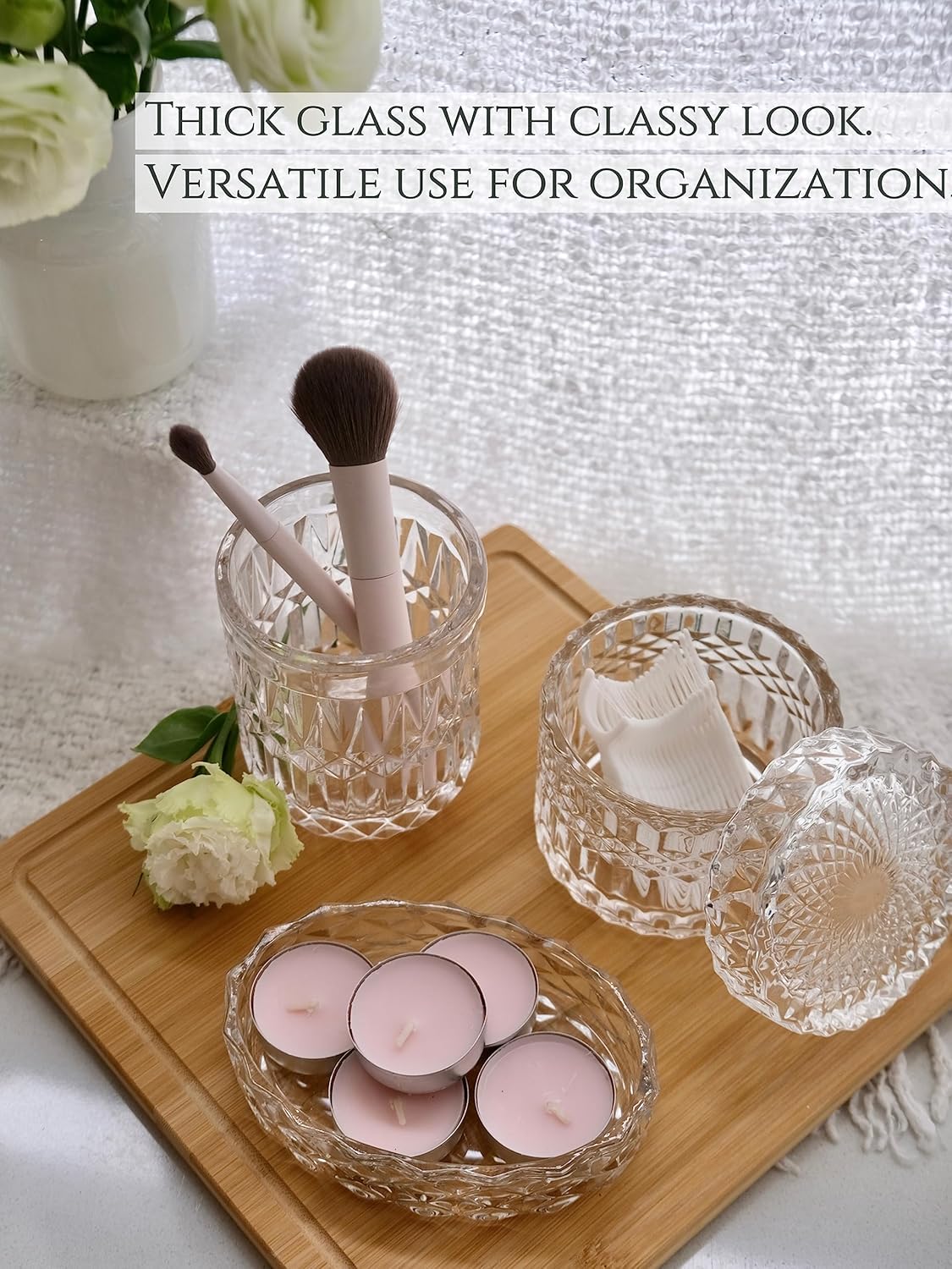 Bathroom Accessories Set, 6 Pcs Clear Glass Lotion Dispenser Set, Soap Dish, Toothbrush Holder, Tumbler, Cotton Swab Jars, Modern Bathroom Decor and Crystal Glass Gift Set, Clear White