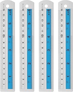 sourcing map 4 reglas rectas de metal de 15 cm métricas SAE de aleación de aluminio, herramientas de escala con agujero para medir, estudio, lectura, aula, oficina, color azul