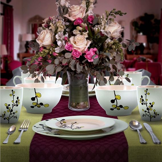 Elama RETROBLOOM Retro Bloom 16 Piece Luxurious Stoneware Dinnerware with Complete Setting for 4, 16pc, Green