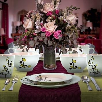 Elama RETROBLOOM Retro Bloom 16 Piece Luxurious Stoneware Dinnerware with Complete Setting for 4, 16pc, Green