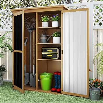 Outdoor Storage Shed with Adjustable Shelf, Wood & Metal Storage Cabinet Waterproof with Lockable Doors & Sloping Roof,Vertical Garden Shed for Patio Backyard, Tool Shed and Accessories, Brown