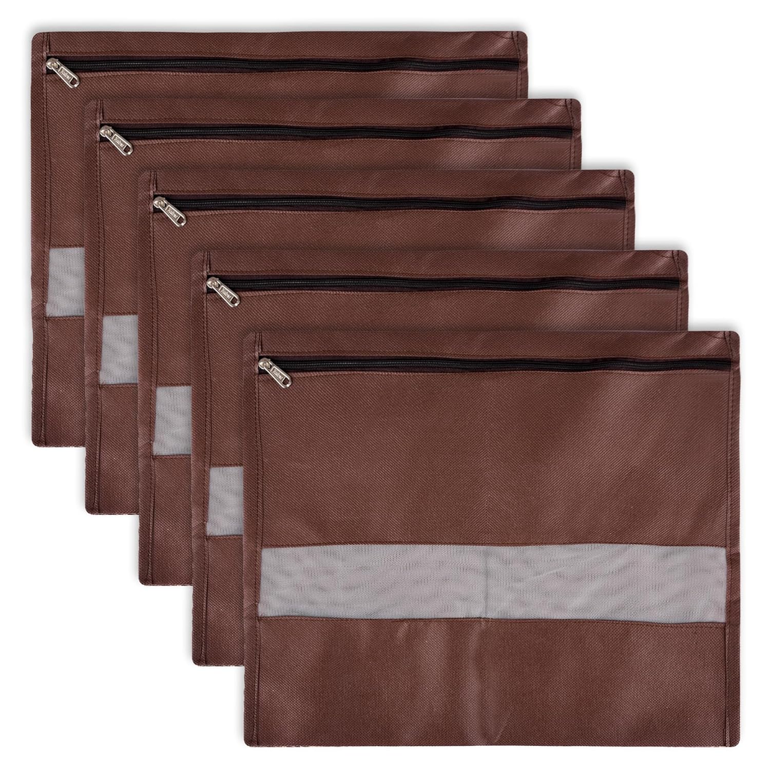 Kuber Industries Pack of 5 Single Saree Bags | Clothes Bags for Storage | Non-Woven Wardrobe Organizer | Mesh Window Cloth Storage Bags Set | Single Packing Saree Bags | Plain | Brown
