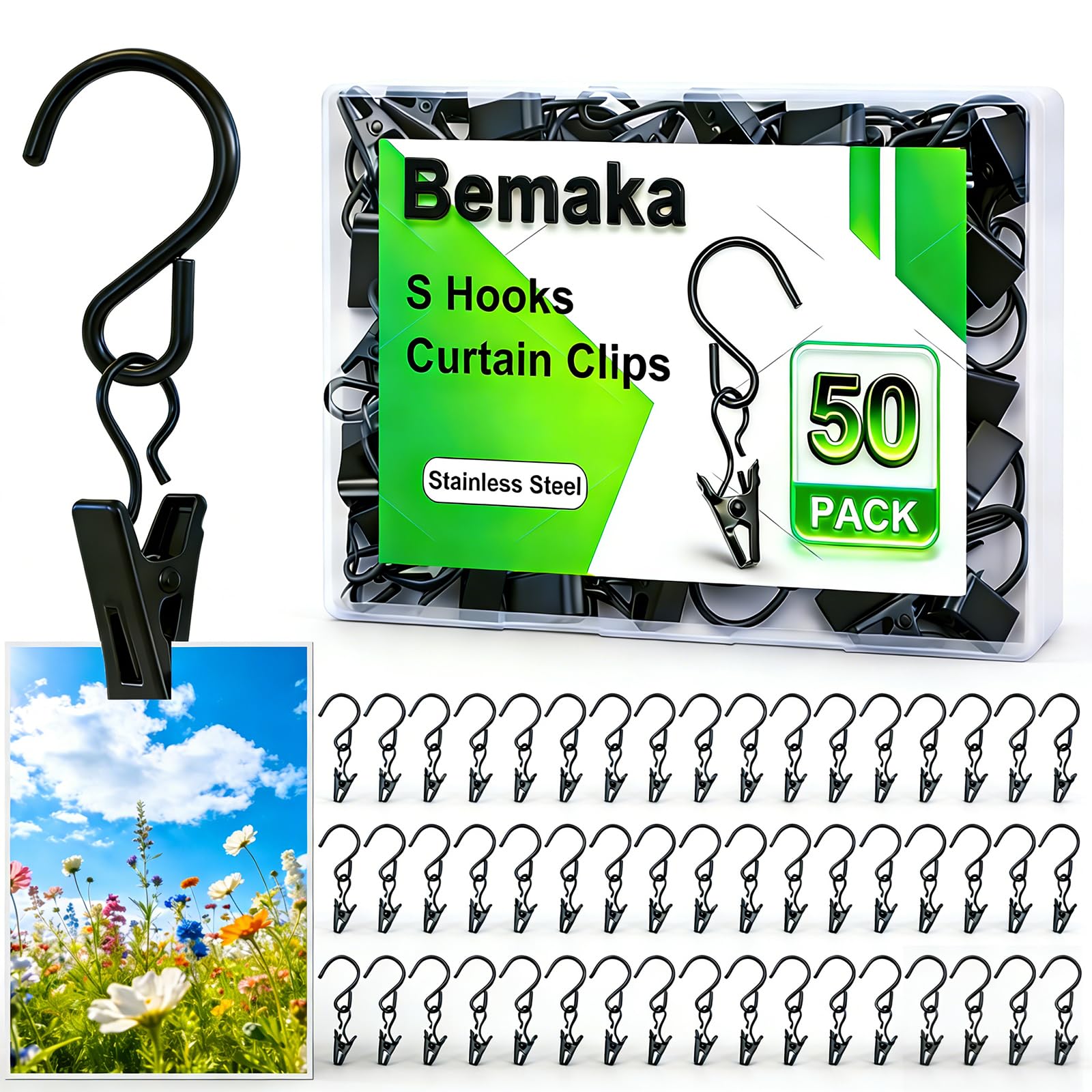 Crochets en S pour rideaux en acier inoxydable durable - Lot de 50 attaches robustes