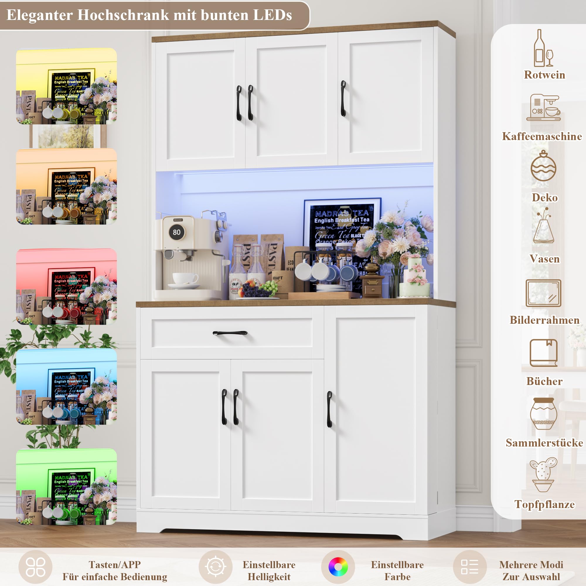 FirFurd 180cm Küchenschrank mit LED & Gewürzregal Buffetschrank Sideboard für Küche mit Steckdosenleiste Küchenschrank mit Arbeitsplatte Küchenbuffet Küchenmöbel 180x100x38cm weiß