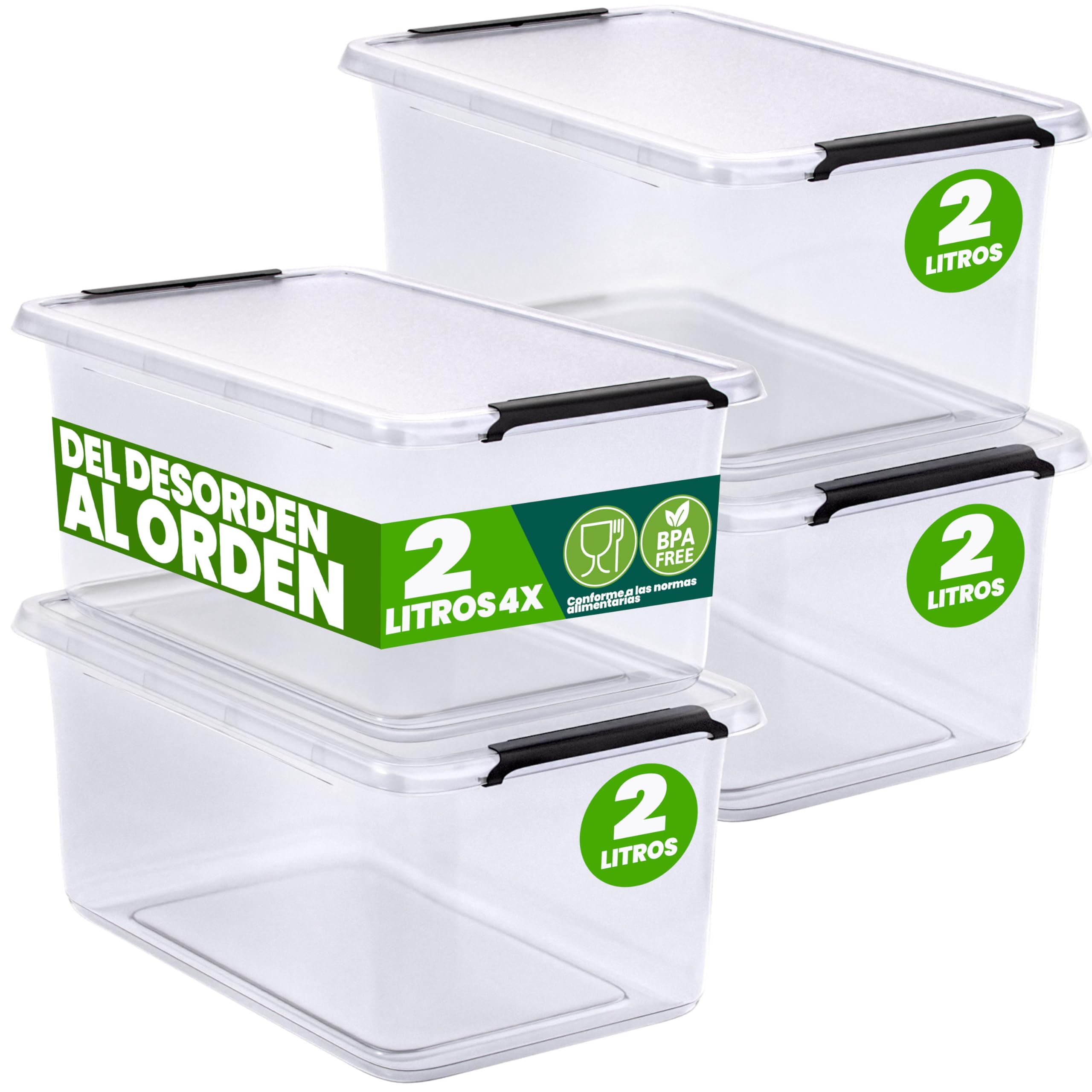 Deuba® 4x Cajas de Almacenaje con Tapa Apilables 2L Transparentes Juguetes Cocina Dormitorio libre de BPA Alimentos