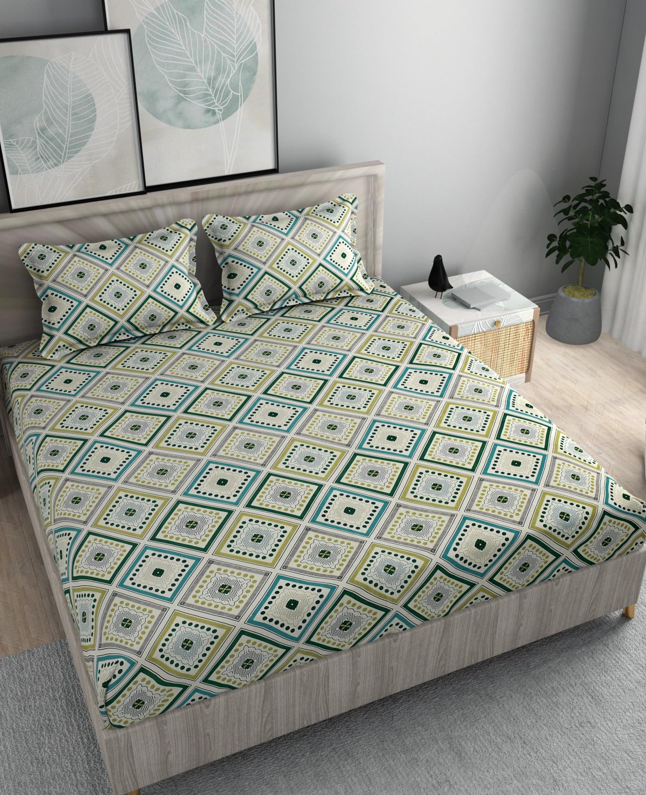 alpha home Cotton Feel Glace Elastic Fitted Printed King Size Double Bed Bedsheet with 2 Pillow Cover (Green and White,72X78 Inches)