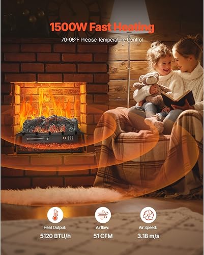 Miniatura 4 de VEVOR Registro eléctrico para chimenea, calentador de leña de 25 pulgadas, con sonido crujiente, control remoto, 5 brillo de llama ajustables,