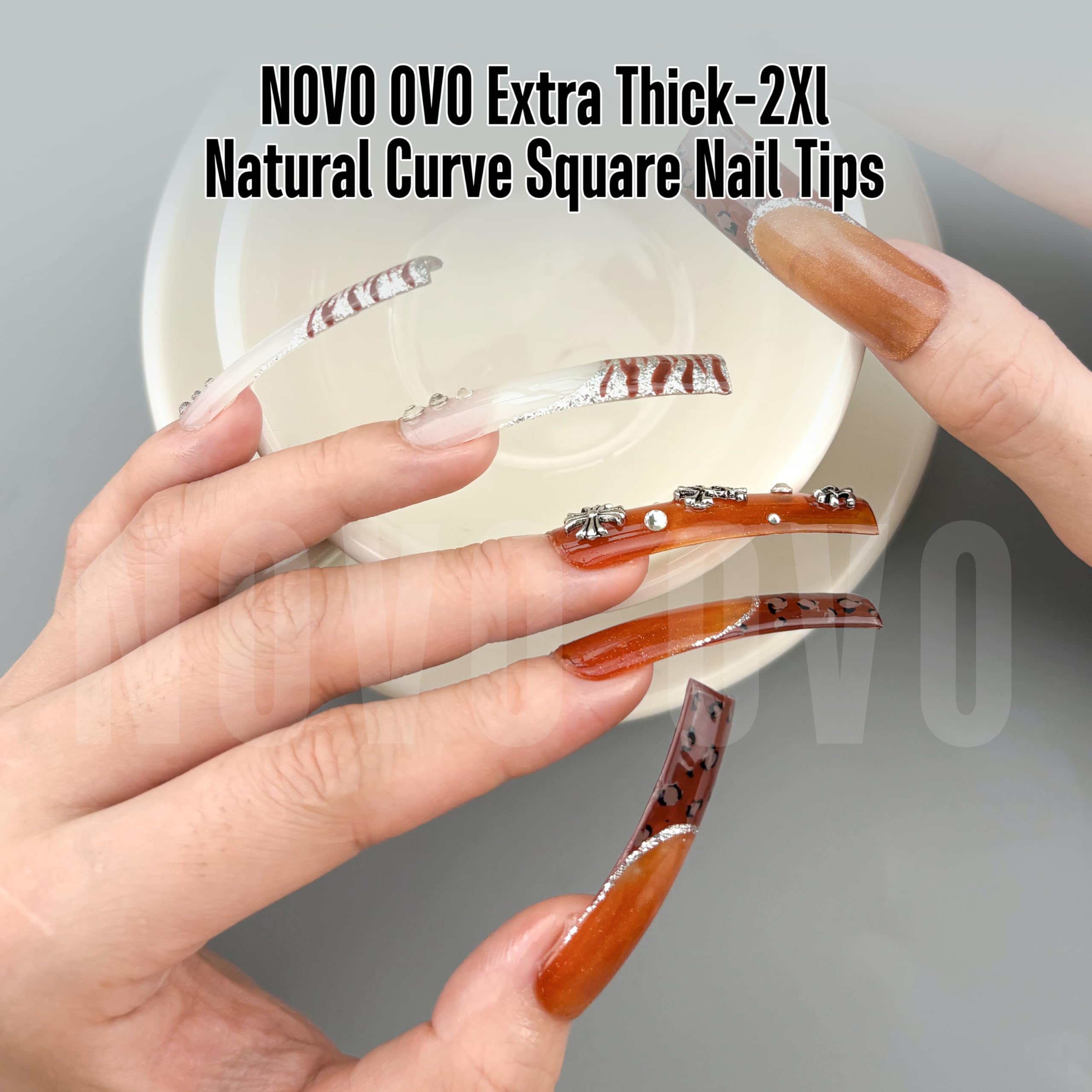 NOVO OVO Halloween XXL Shape Square Slight Curved Nail Tips No C Curve, Extra Thick Natural Curve Clear False Nails Press on - Image 2