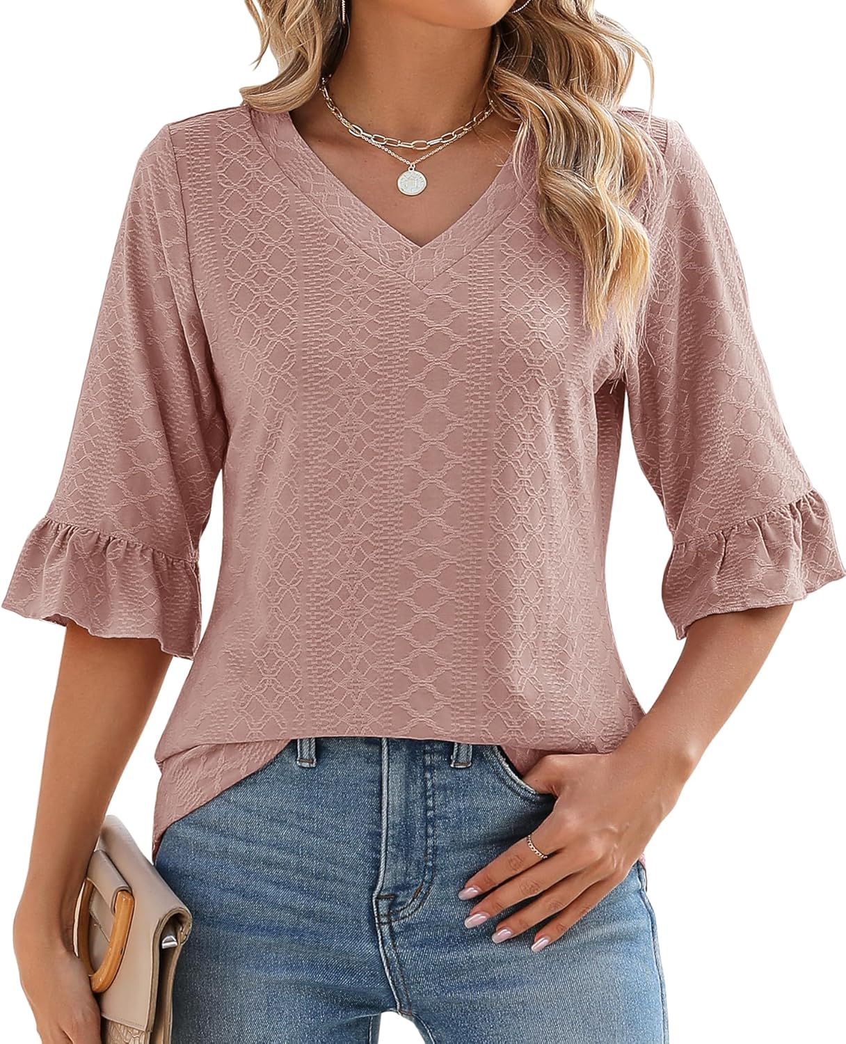 LOMON Womens 3/4 Sleeve Tops Summer Loose V-Neck Shirts Dressy Casual Ruffle Sleeve Tunic Blouses