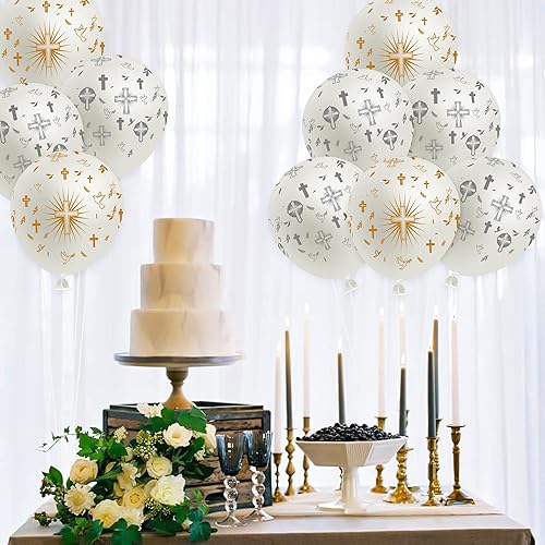 Vista 3 de WATINC 36 globos de cruz que Dios bendige, decoración de fiesta de bautismo, suministros de confirmación, decoración de primera comunión, globo