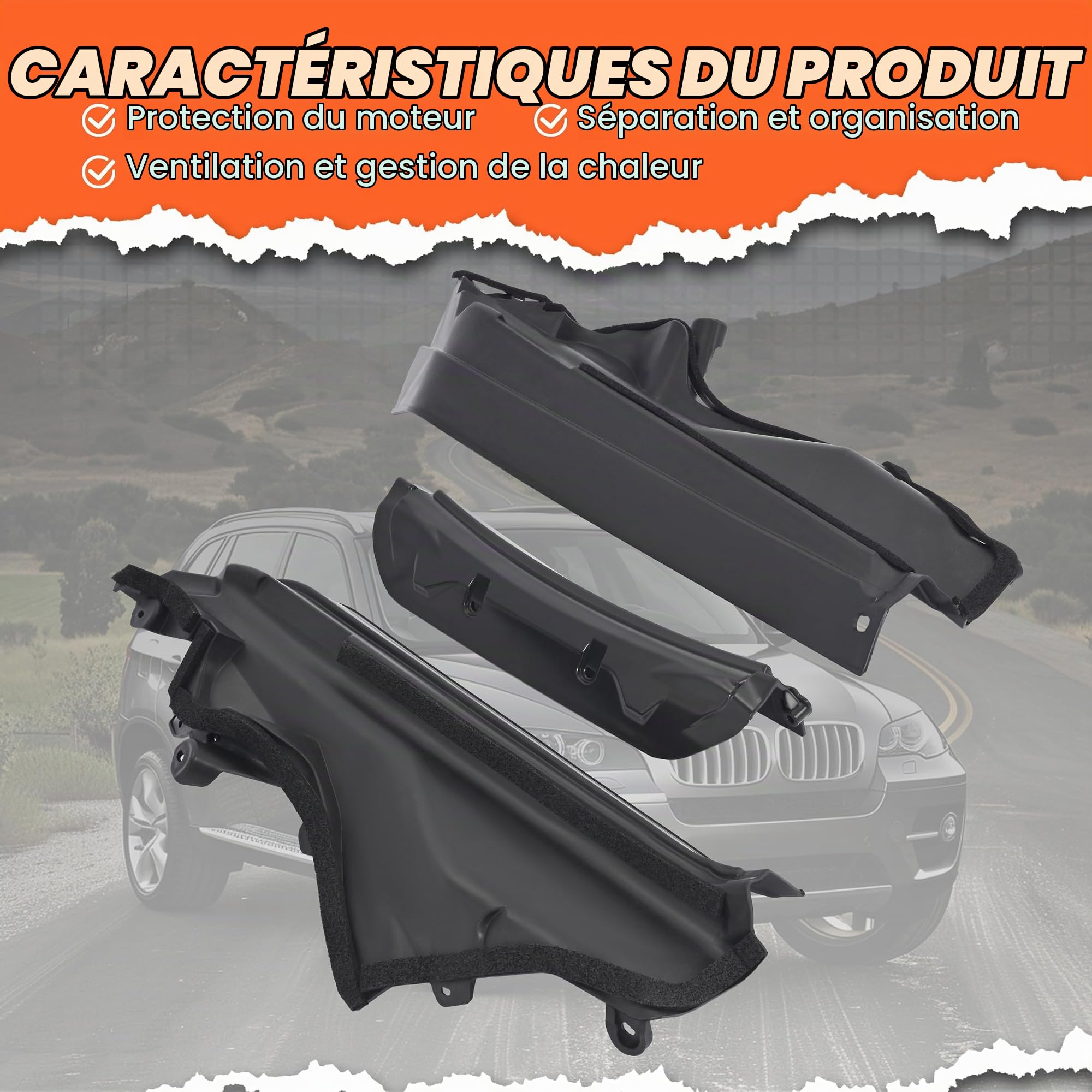 Kit de diviseur partie supérieure carénage de compartiment moteur compatible avec X6 E71 E72 2008-2014, Remplacement pour 51717169421 51717169419